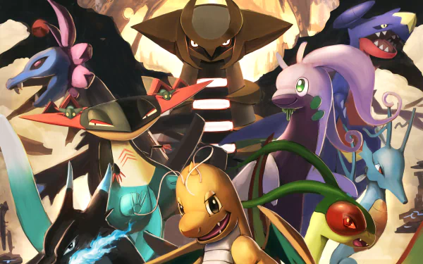 HD anime-style PC desktop wallpaper featuring Dragon-type Pokémon Kingdra, Hydreigon, Goodra, Giratina, Garchomp, Flygon, Dragonite, Dragapult, and Charizard in a dynamic group pose.