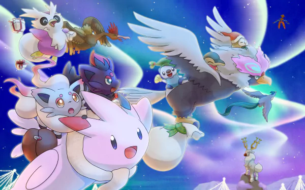 An impressive Pokémon Legends: Arceus HD desktop wallpaper featuring Braviary, Zorua, Wyrdeer, Togekiss, Rowlet, Oshawott, Fearow, Deoxys, Delibird, Cyndaquil, Articuno.