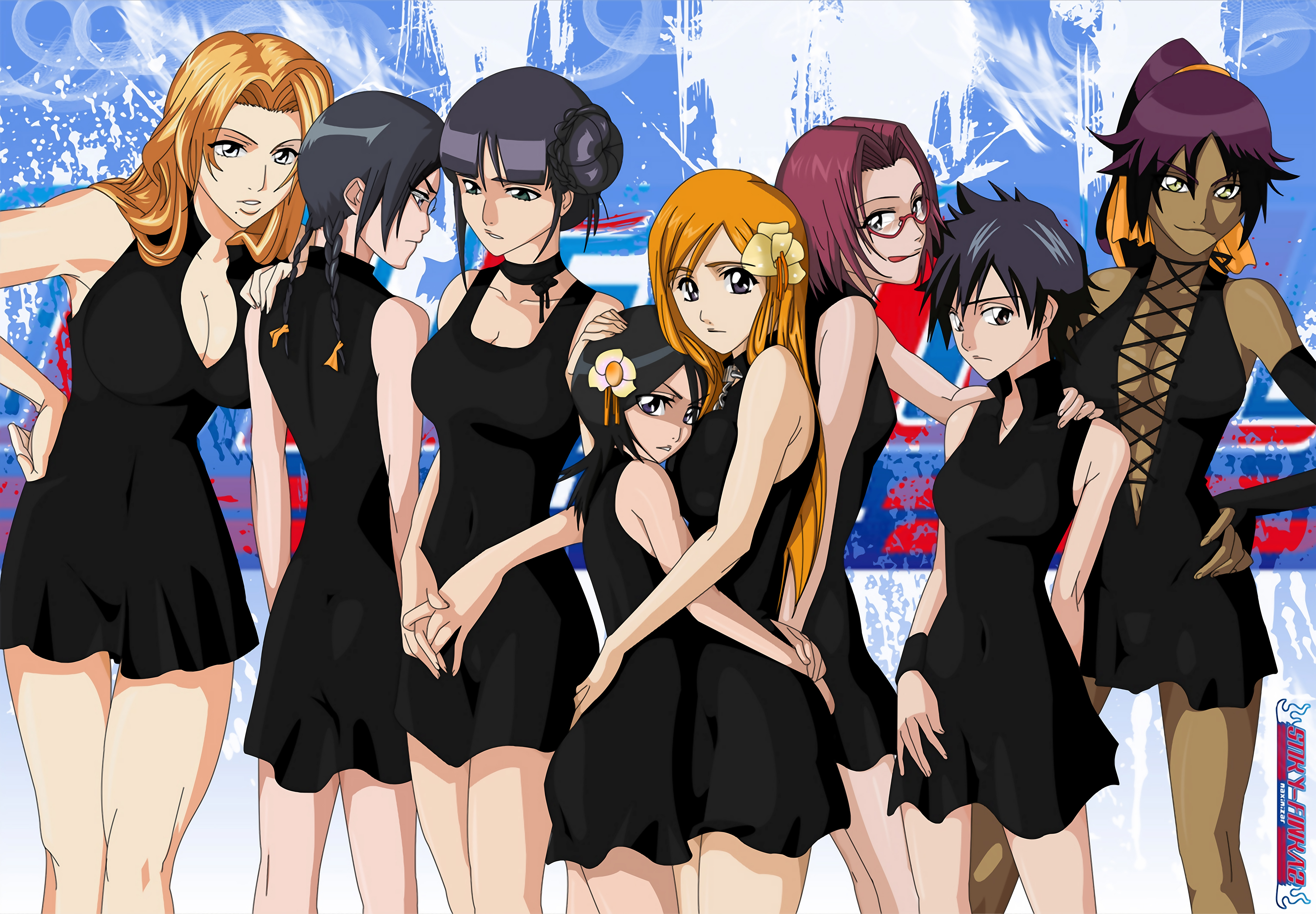 Group of anime characters from the series Bleach, including Lisa Yadomaru, Yoruichi Shihôin, Tatsuki Arisawa, Orihime Inoue, Rukia Kuchiki, Nemu Kurotsuchi, Nanao Ise, Rangiku Matsumoto, and Chizuru Honshou.