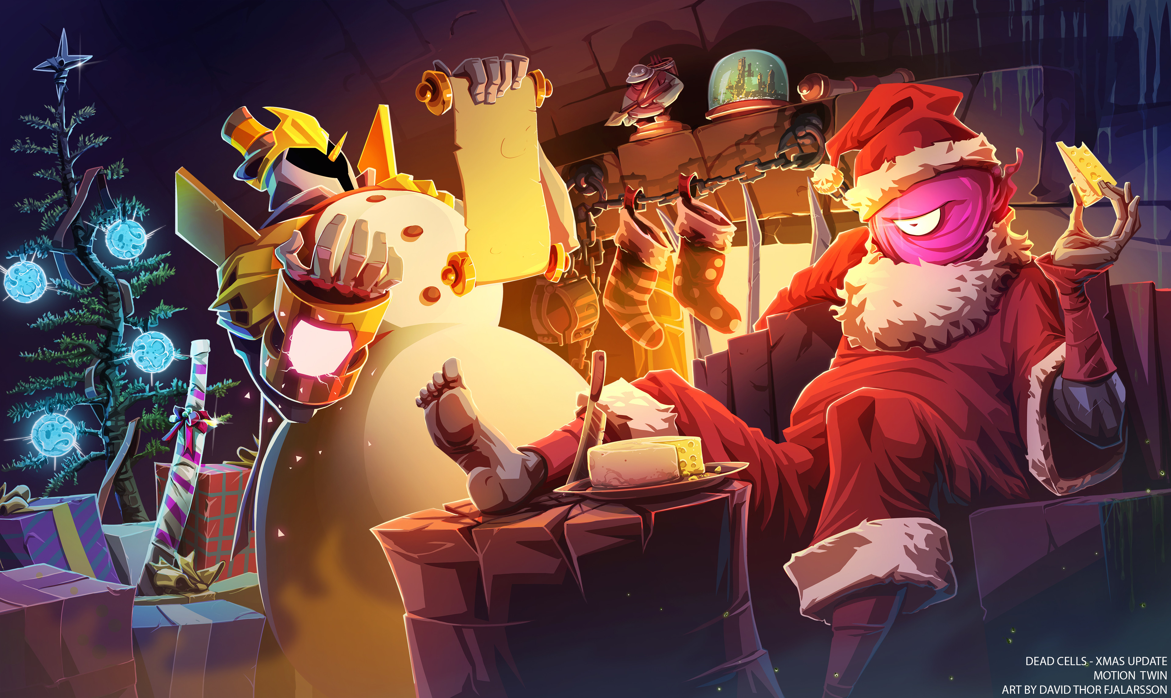 HD desktop wallpaper featuring characters from Dead Cells with a festive holiday theme for a game background.