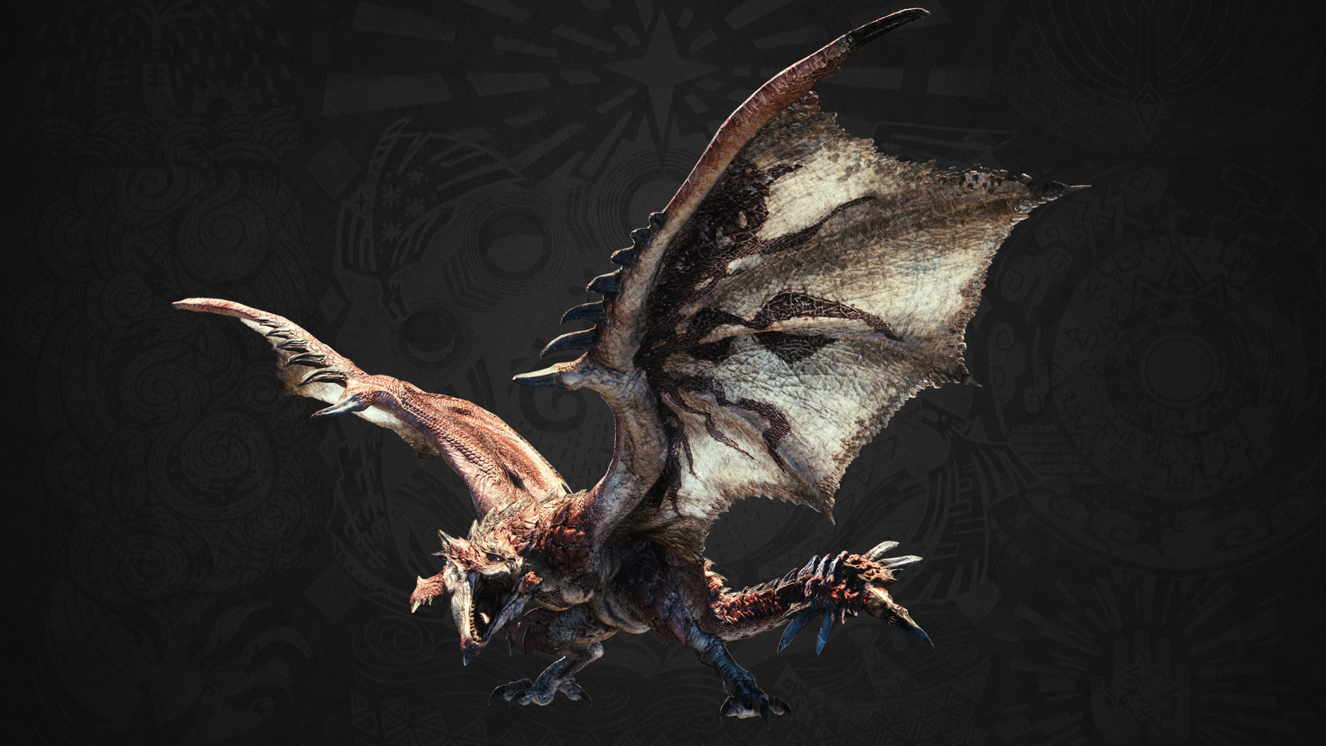 HD desktop wallpaper featuring a detailed dragon from Monster Hunter: World against an ornate background.