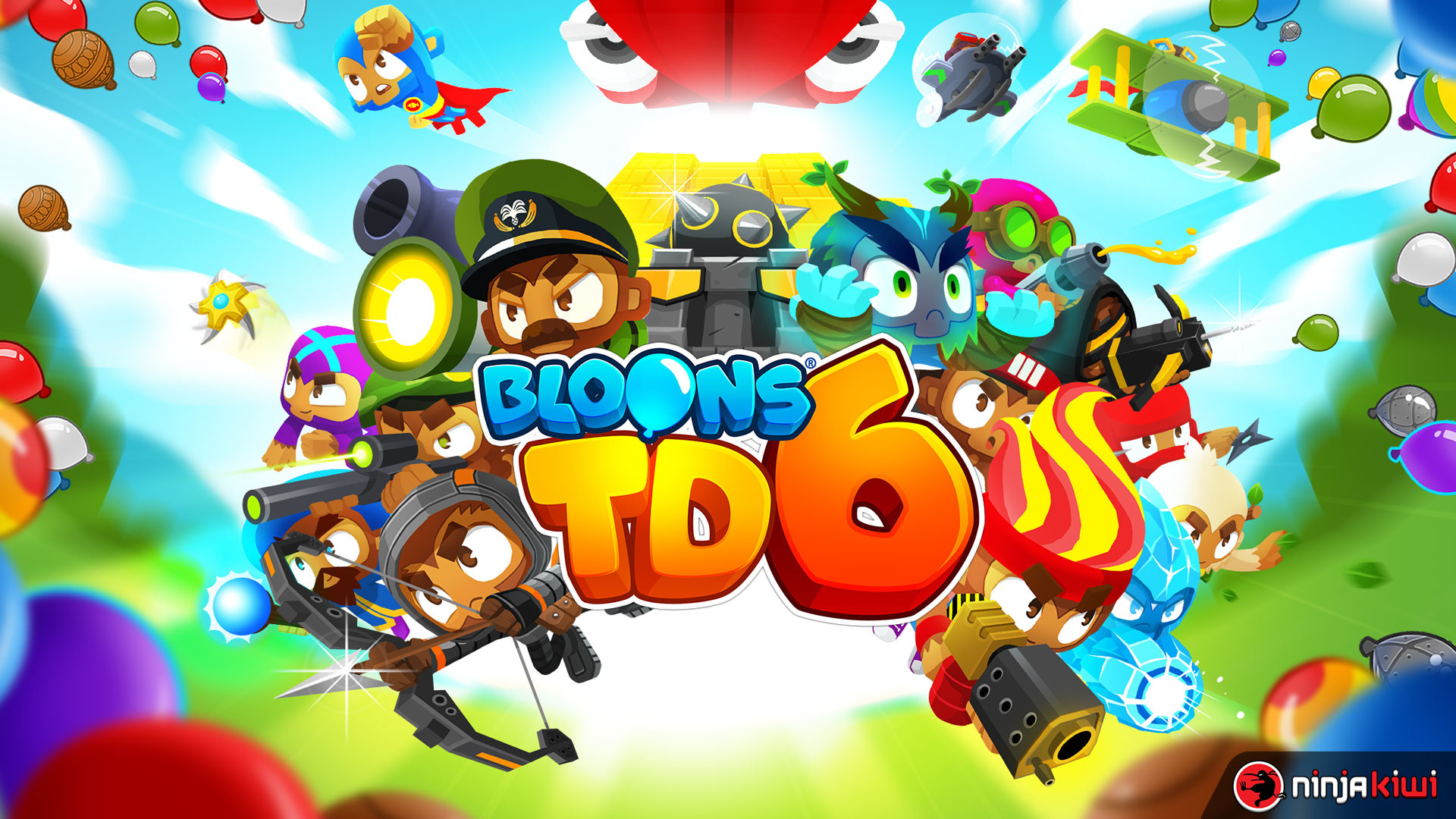 HD wallpaper of Bloons TD 6 featuring colorful characters and balloons with game logo for desktop background.