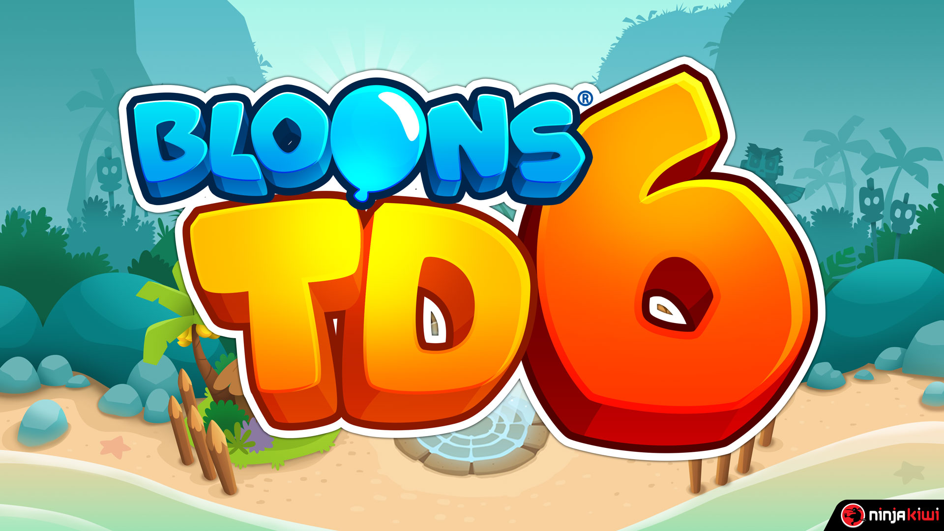 HD Bloons TD 6 desktop wallpaper with game logo on a tropical backdrop.