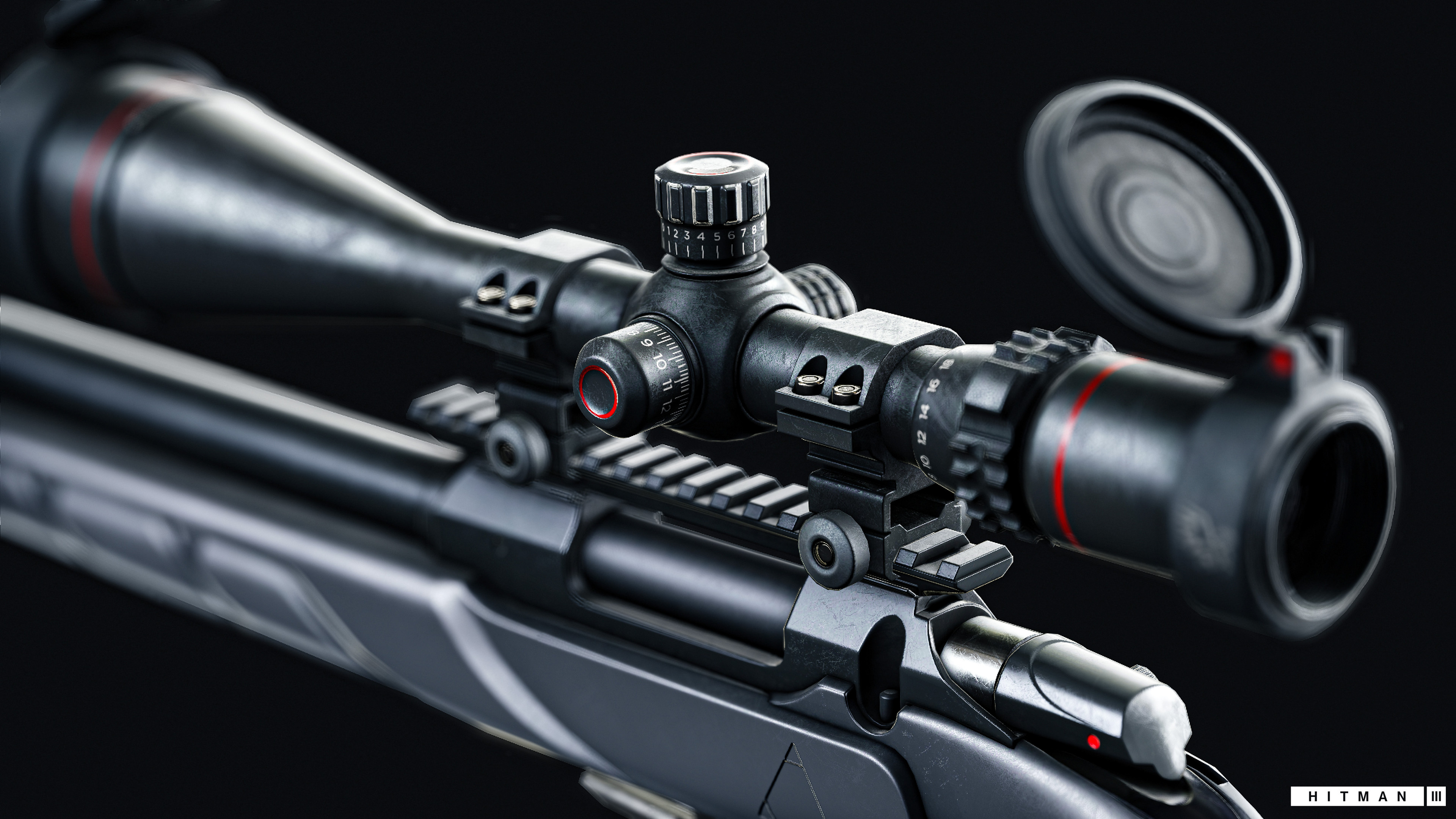 HD wallpaper featuring close-up of sniper rifle scope from Hitman 3 game.