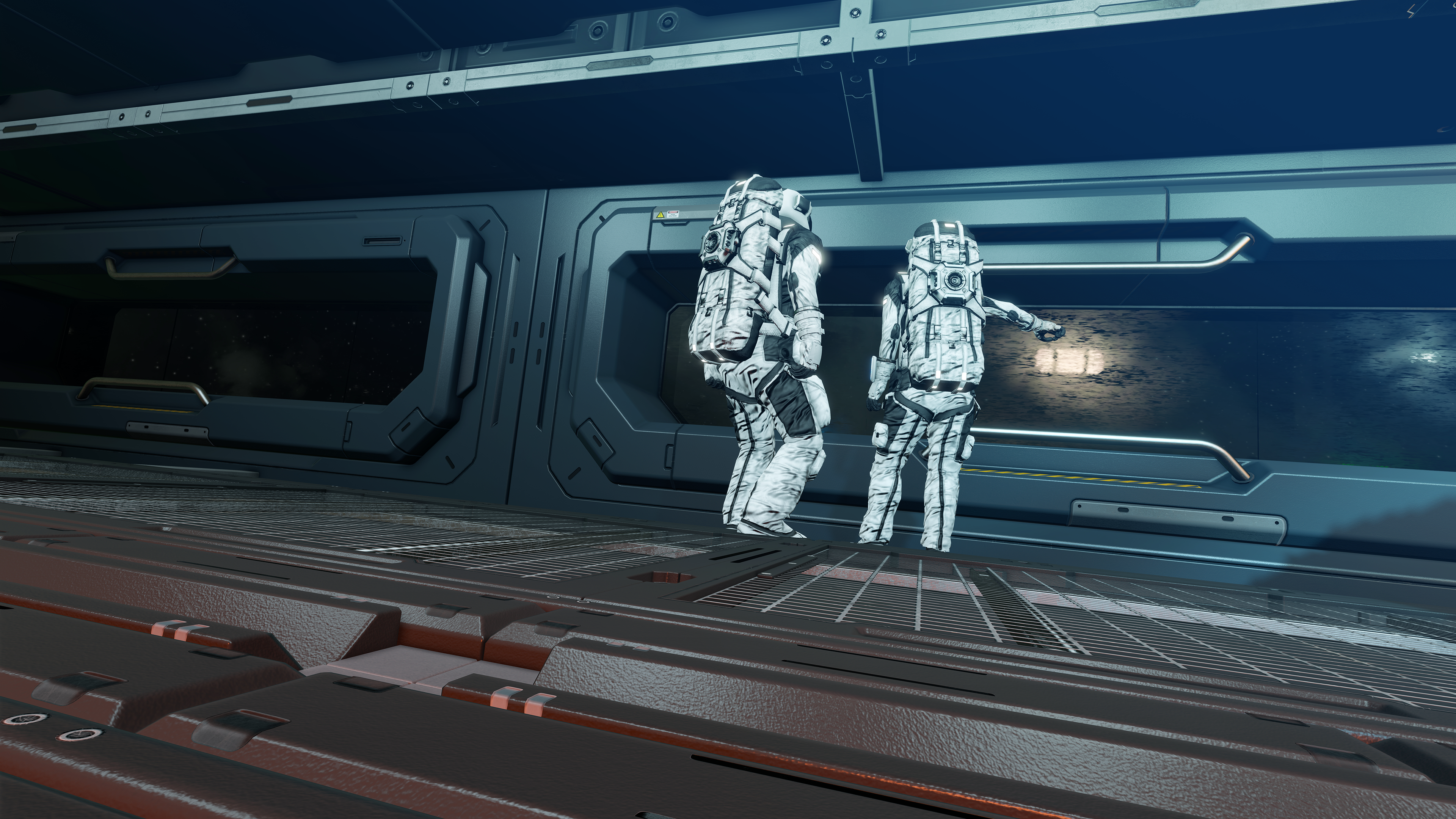 HD desktop wallpaper of space engineers in suits walking through a spaceship corridor, reflecting a futuristic theme perfect for a background.