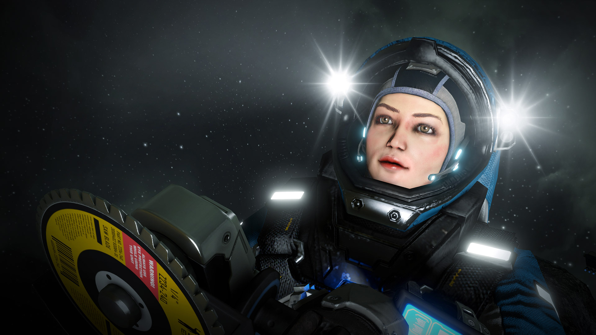 HD desktop wallpaper featuring a space engineer with a futuristic suit and helmet against a starry background.