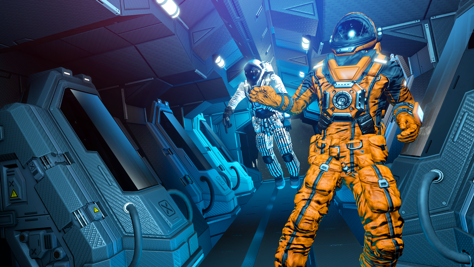 HD wallpaper of space engineers in futuristic space station interior for desktop background.