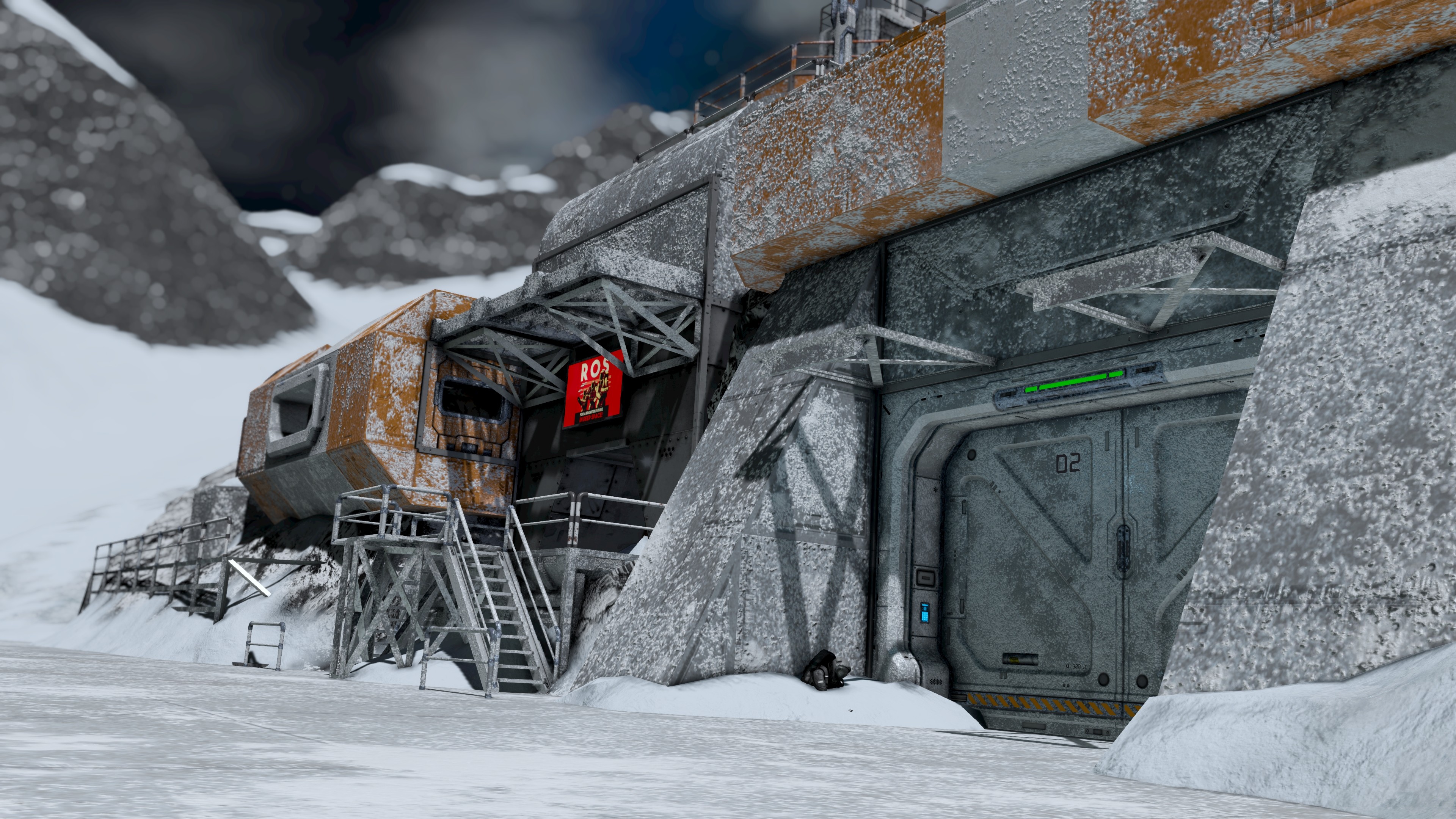 HD desktop wallpaper featuring a space engineer's outpost with a futuristic habitat built into a snowy mountain terrain.