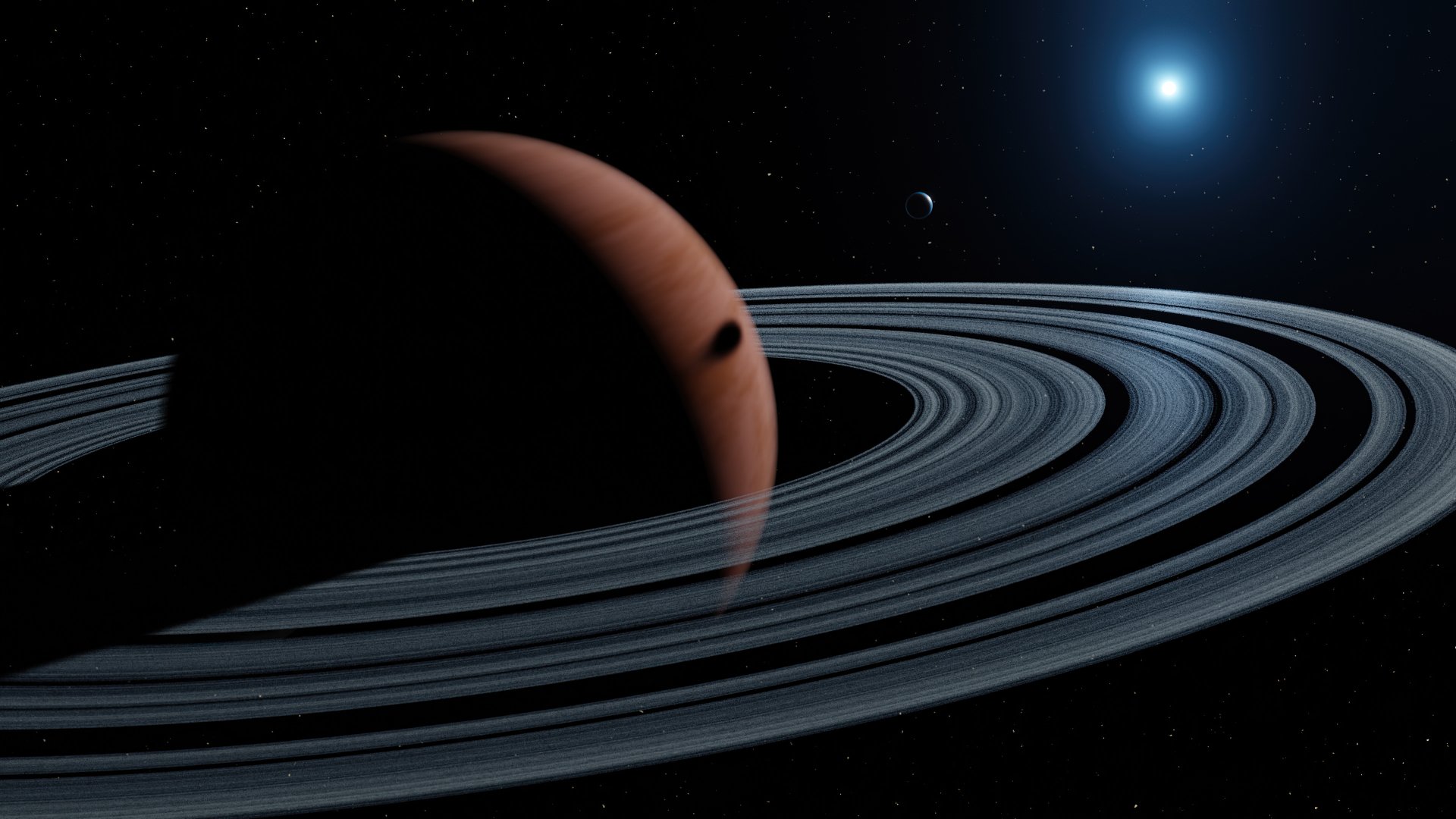 4K Ultra HD sci-fi desktop wallpaper featuring a detailed planet with expansive planetary rings under a distant bright star in deep space.