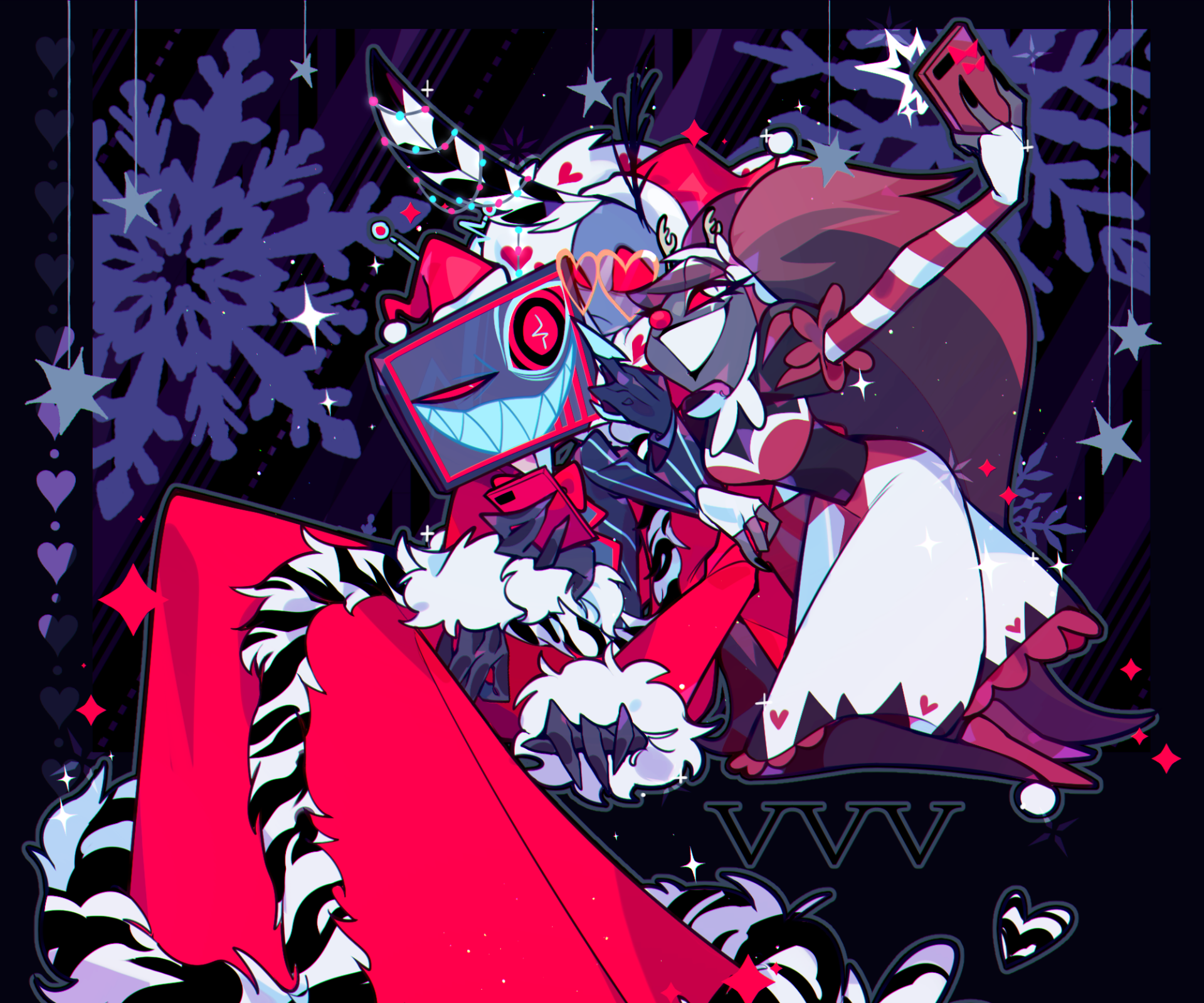 HD PC desktop wallpaper of Hazbin Hotel characters Vox, Velvet and Valentino in a neon red-and-purple stylized pose, surrounded by hearts, snowflake motifs and playful expressions.