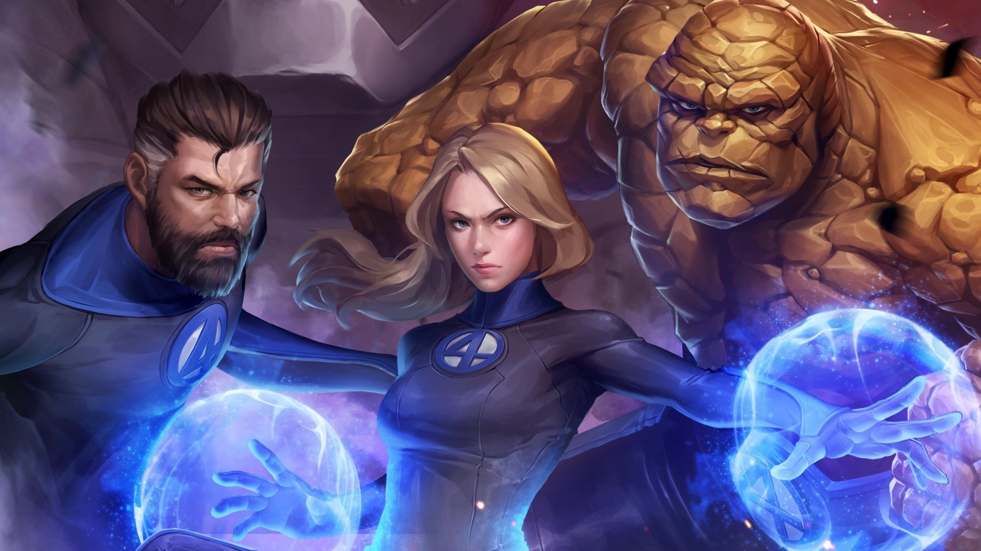 2K Quad HD PC wallpaper for Marvel: Future Fight showing Fantastic Four — Mister Fantastic, Susan Storm and Ben Grimm (The Thing) ready with glowing energy orbs.
