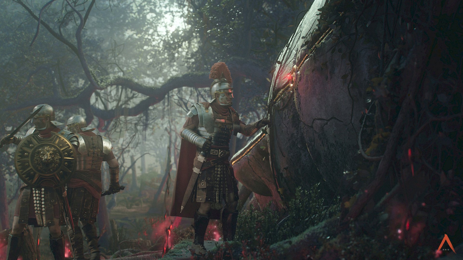 HD wallpaper featuring armored warriors exploring a mysterious forest in the game 'New World'.
