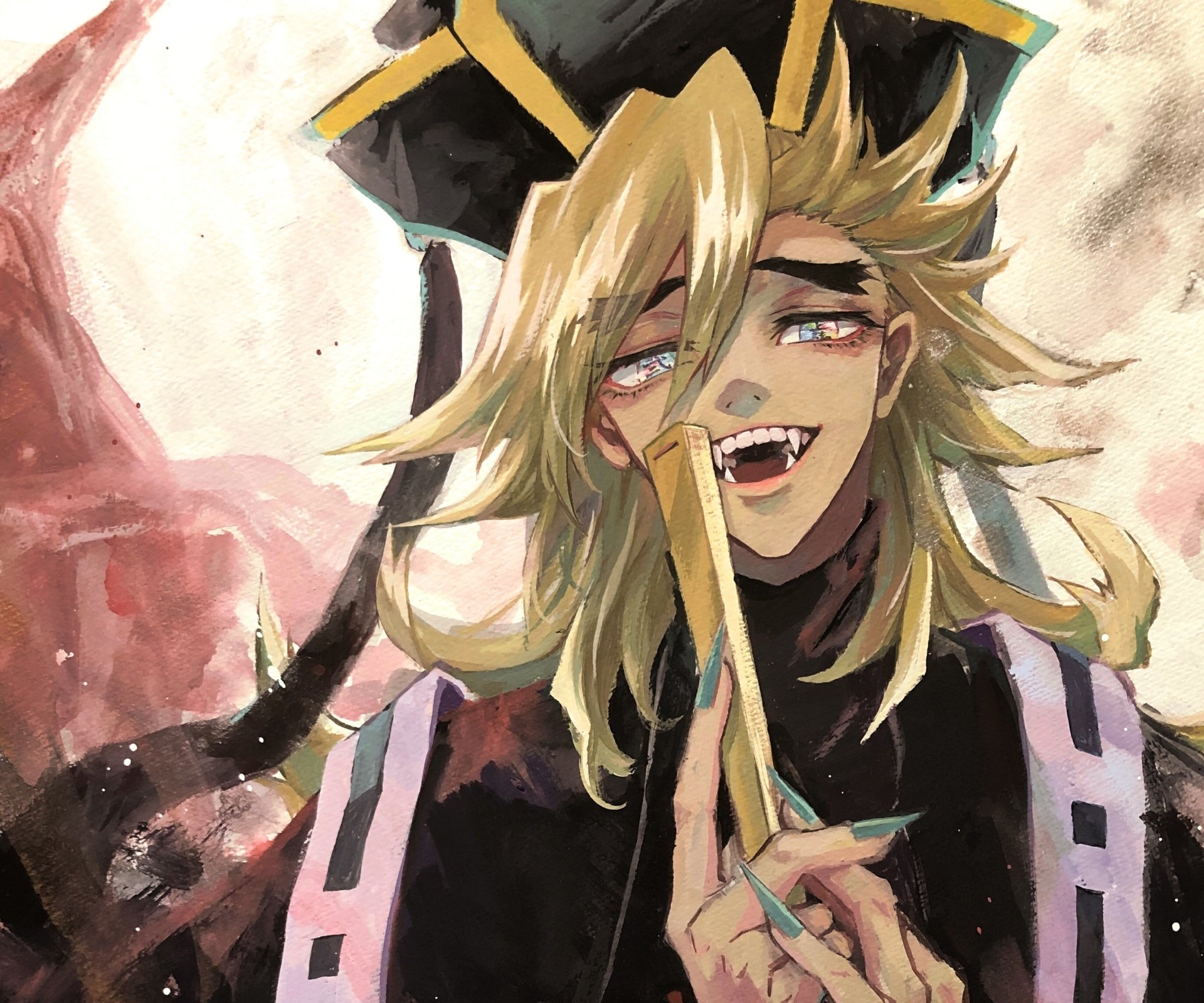 Vivid anime portrait of Doma from Demon Slayer: Kimetsu no Yaiba, grinning with sharp fangs — 2K Quad HD PC desktop wallpaper/background.