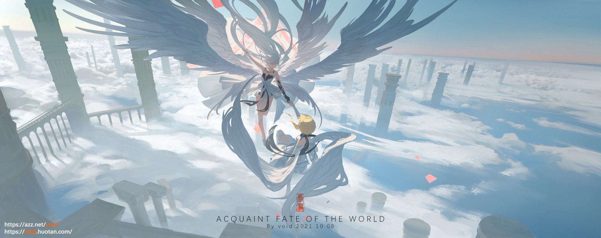 HD PC desktop wallpaper featuring Lumine and the angelic Unknown God from Genshin Impact, set against a sky filled with clouds and ancient ruins.