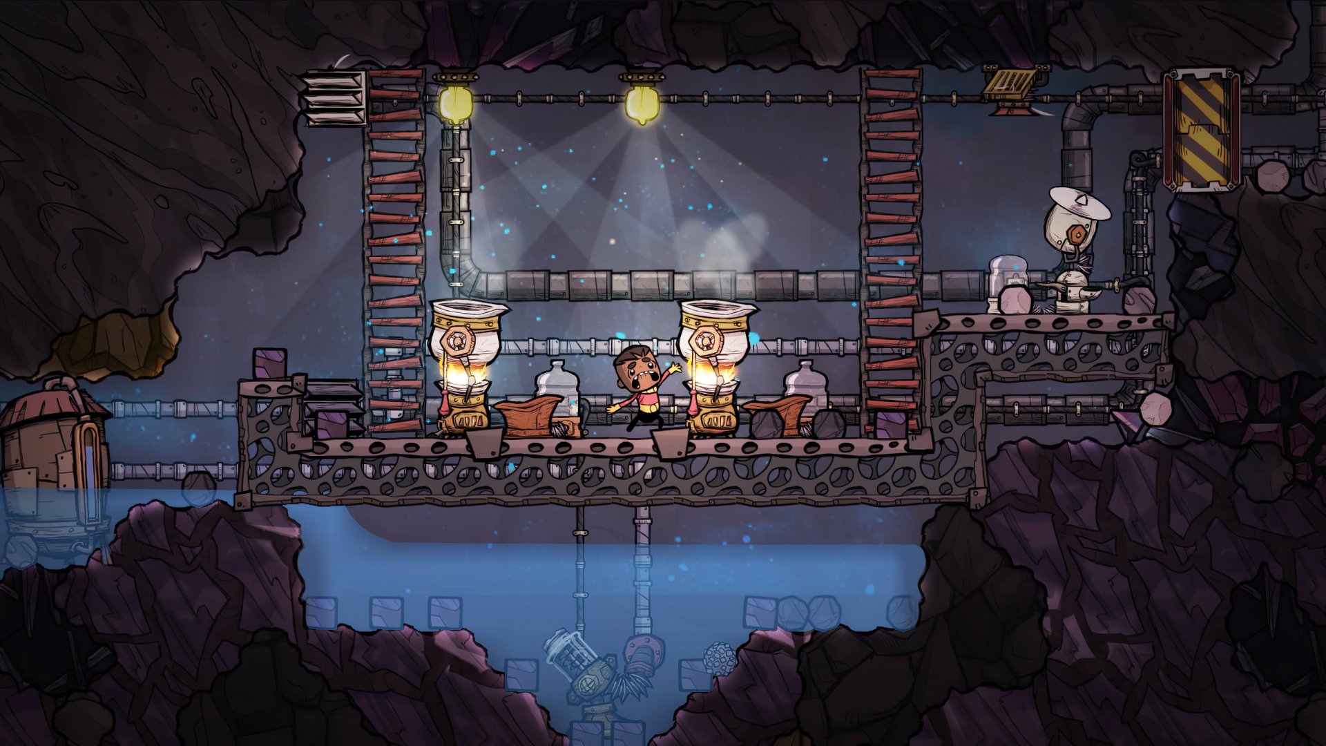 HD desktop wallpaper featuring a scene from the game Oxygen Not Included, showing animated characters managing a base within an underground setting.