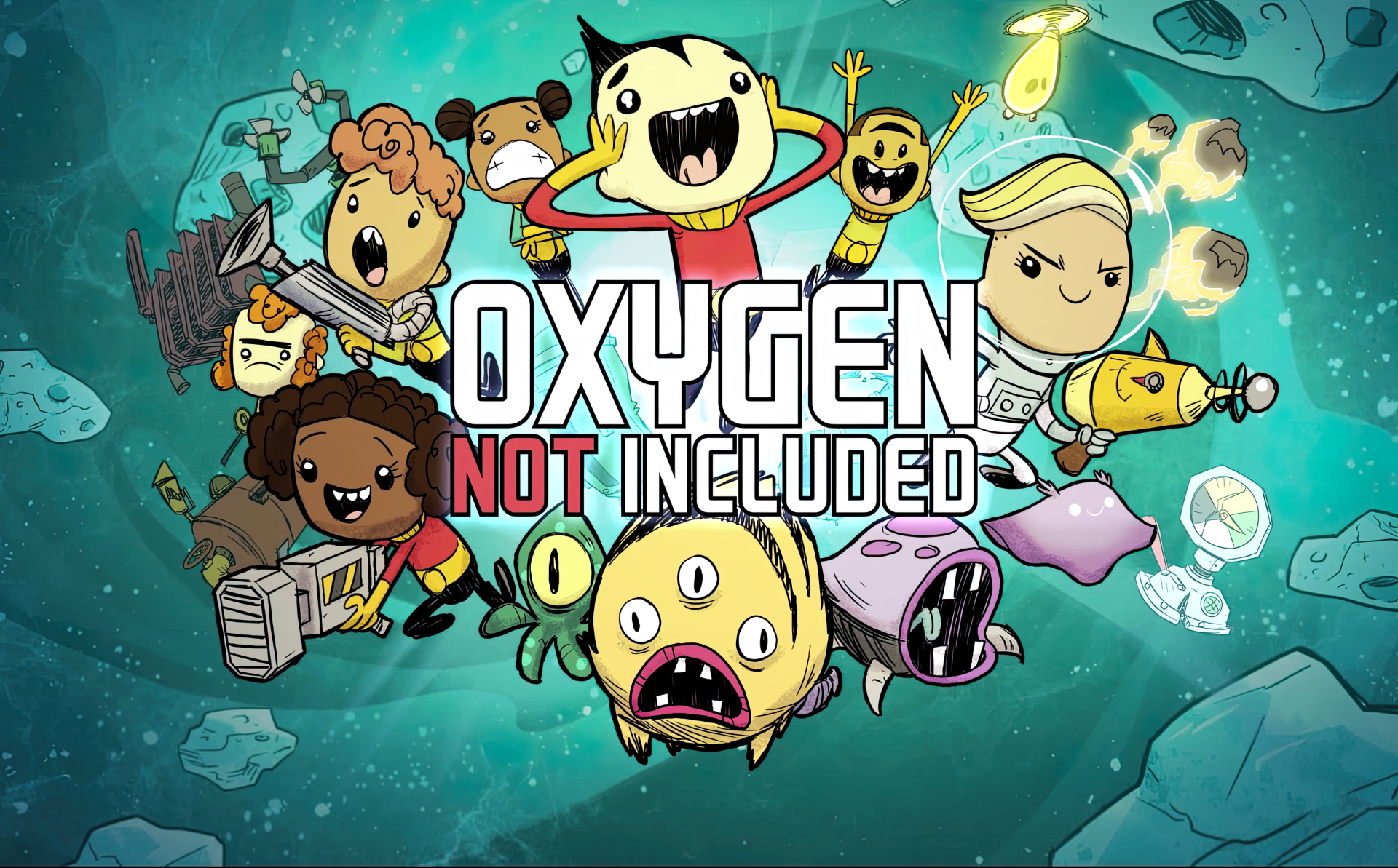HD wallpaper and desktop background featuring colorful cartoon characters from the video game Oxygen Not Included, with title logo centered.