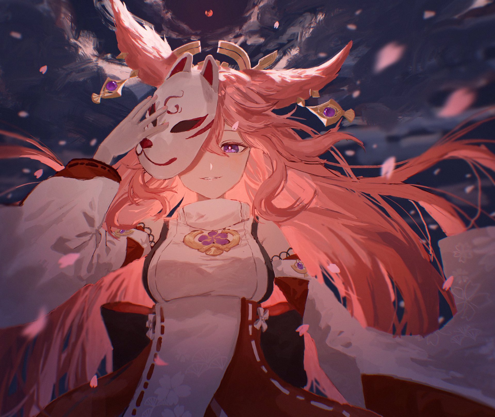 HD desktop wallpaper of Guuji Yae Miko from the video game Genshin Impact, depicted holding a fox mask near her face with long flowing pink hair and intricate attire, amidst a background of falling cherry blossoms.