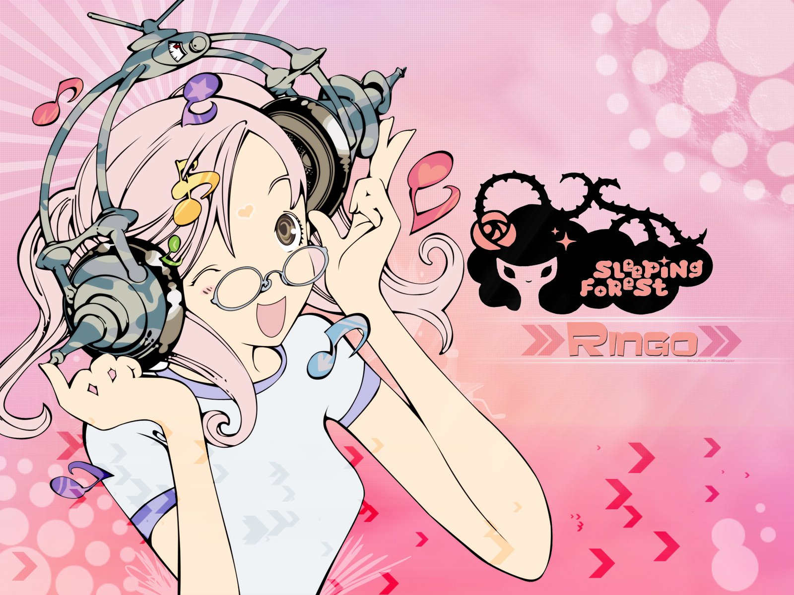 Anime Air Gear HD PC desktop wallpaper: pink background with a cheerful girl in headphones and glasses, scattered hearts and the Sleeping Forest / Ringo logo.
