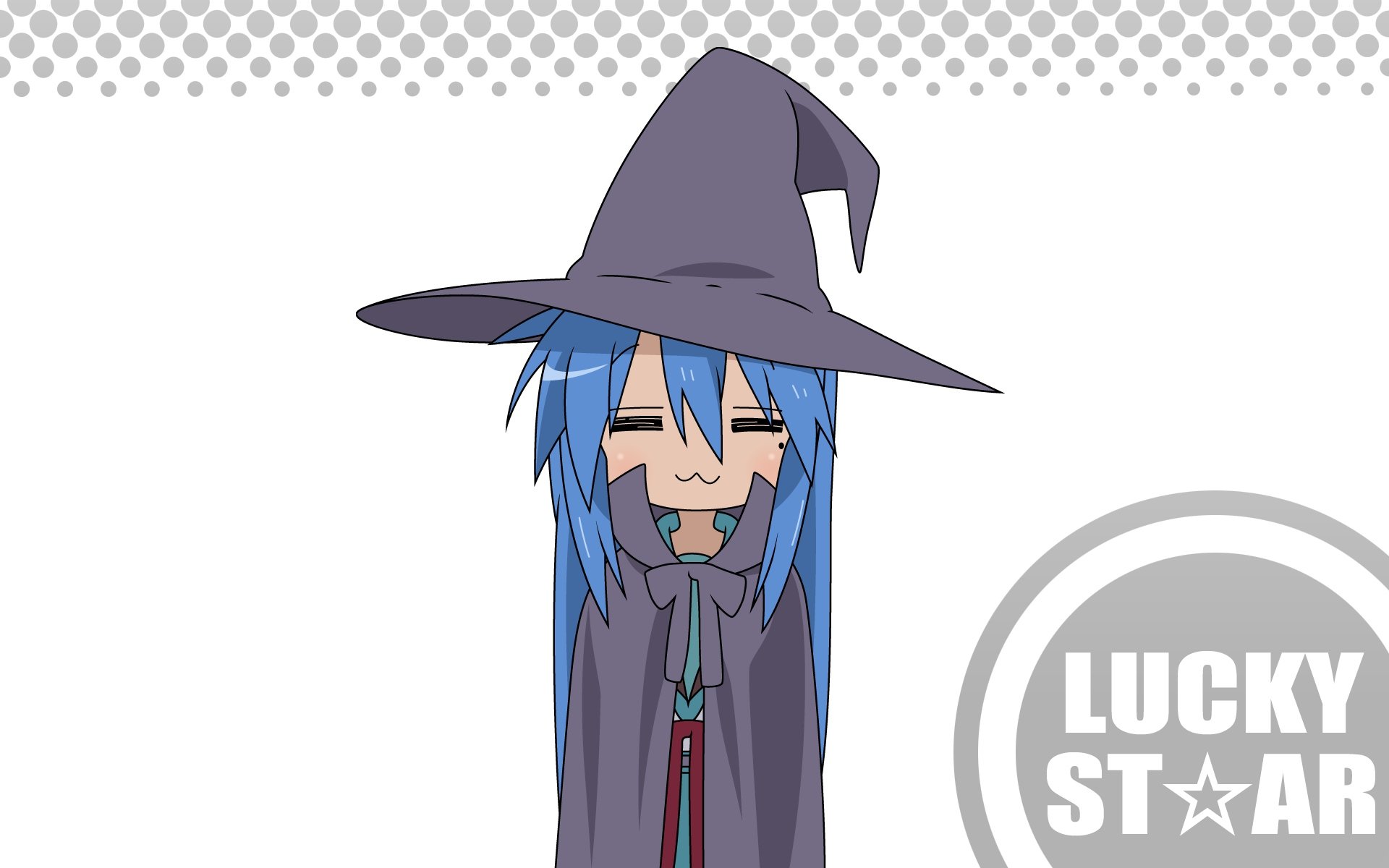 Anime-themed HD wallpaper featuring a character from Lucky Star wearing a gray witch hat, smiling with blue hair and a playful expression against a simple background.