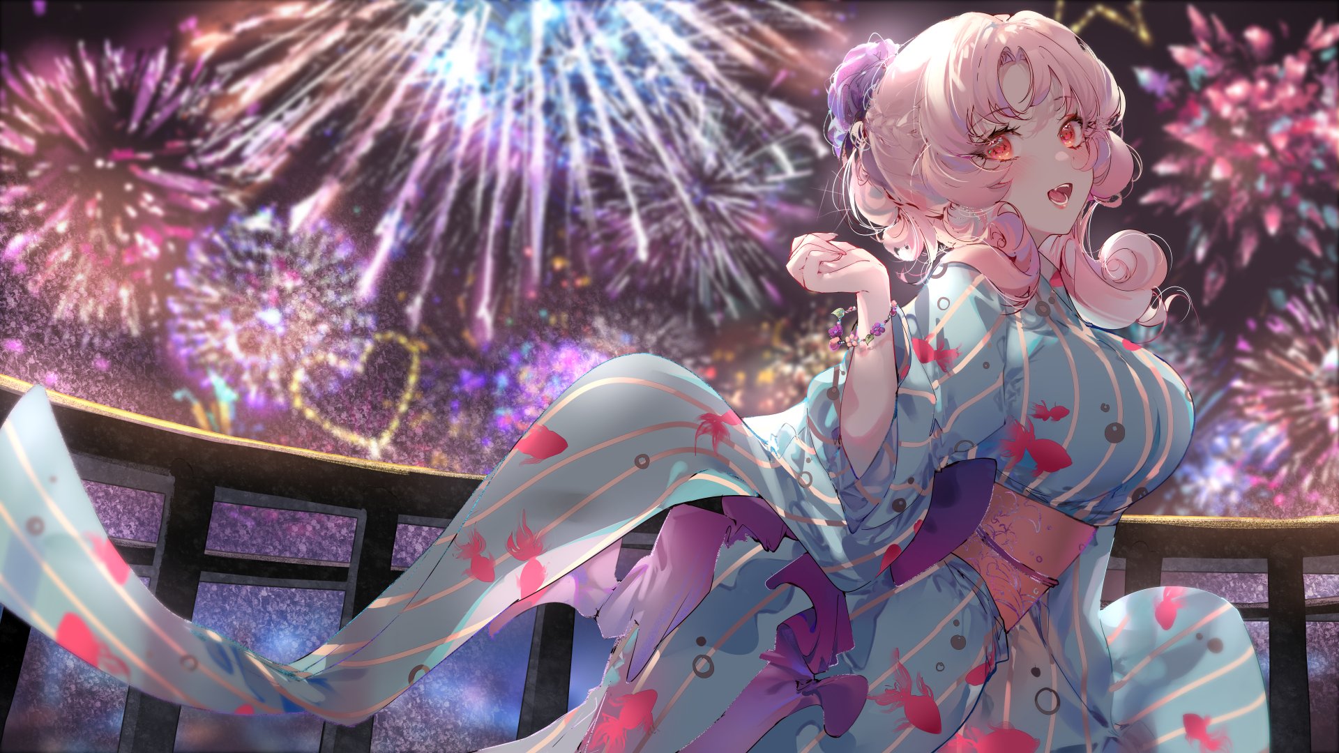 Anime girl in a colorful kimono poses gracefully against a vibrant fireworks display, rendered in stunning 4K Ultra HD for a detailed PC desktop wallpaper.
