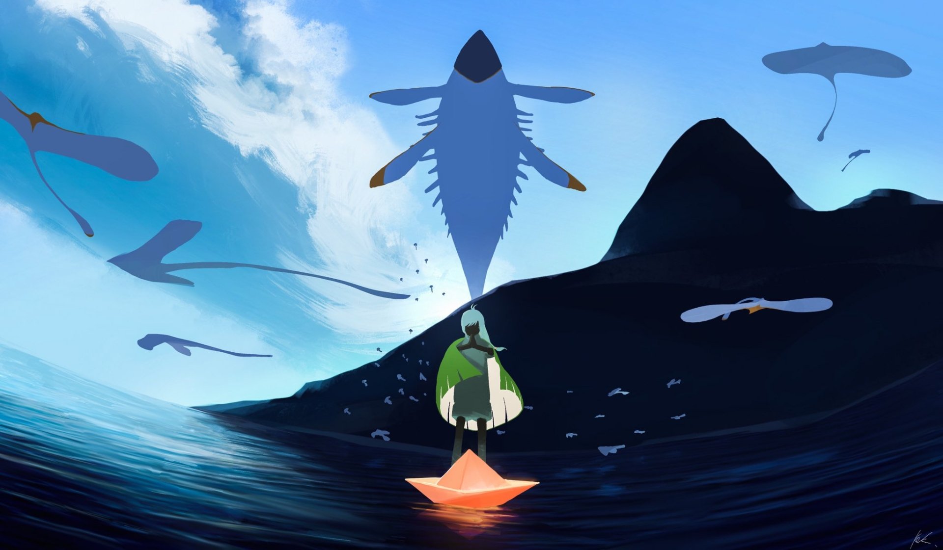 HD PC wallpaper/background for the video game Sky: Children of the Light (Uyuf) — green-caped character on a glowing boat faces a silhouetted mountain, giant sky-whale and manta creatures.