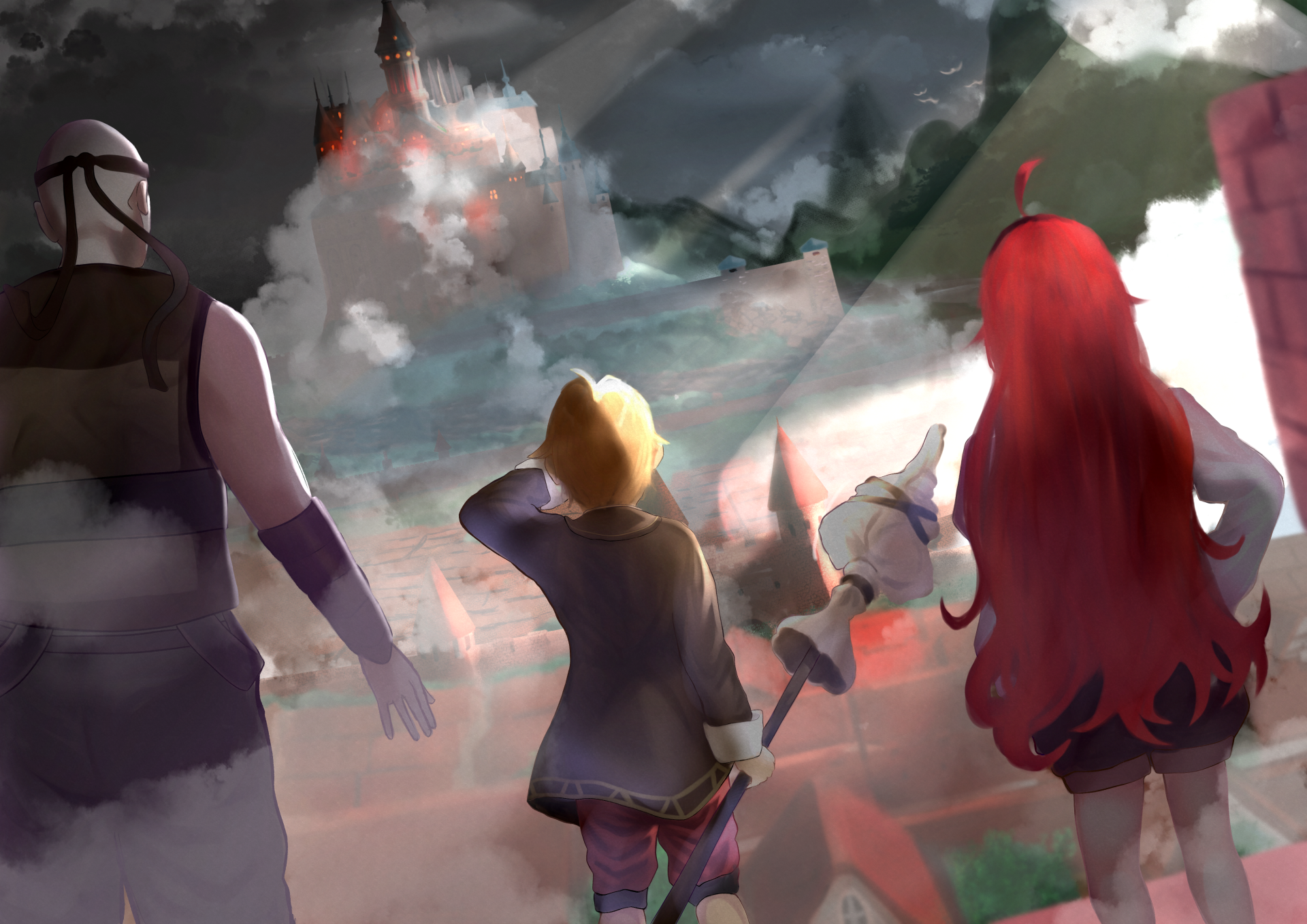 Rudeus Greyrat and Eris Boreas Greyrat with companions stand on a battlement, gazing at a smoky battlefield — Mushoku Tensei: Jobless Reincarnation anime 4K Ultra HD PC wallpaper/background.