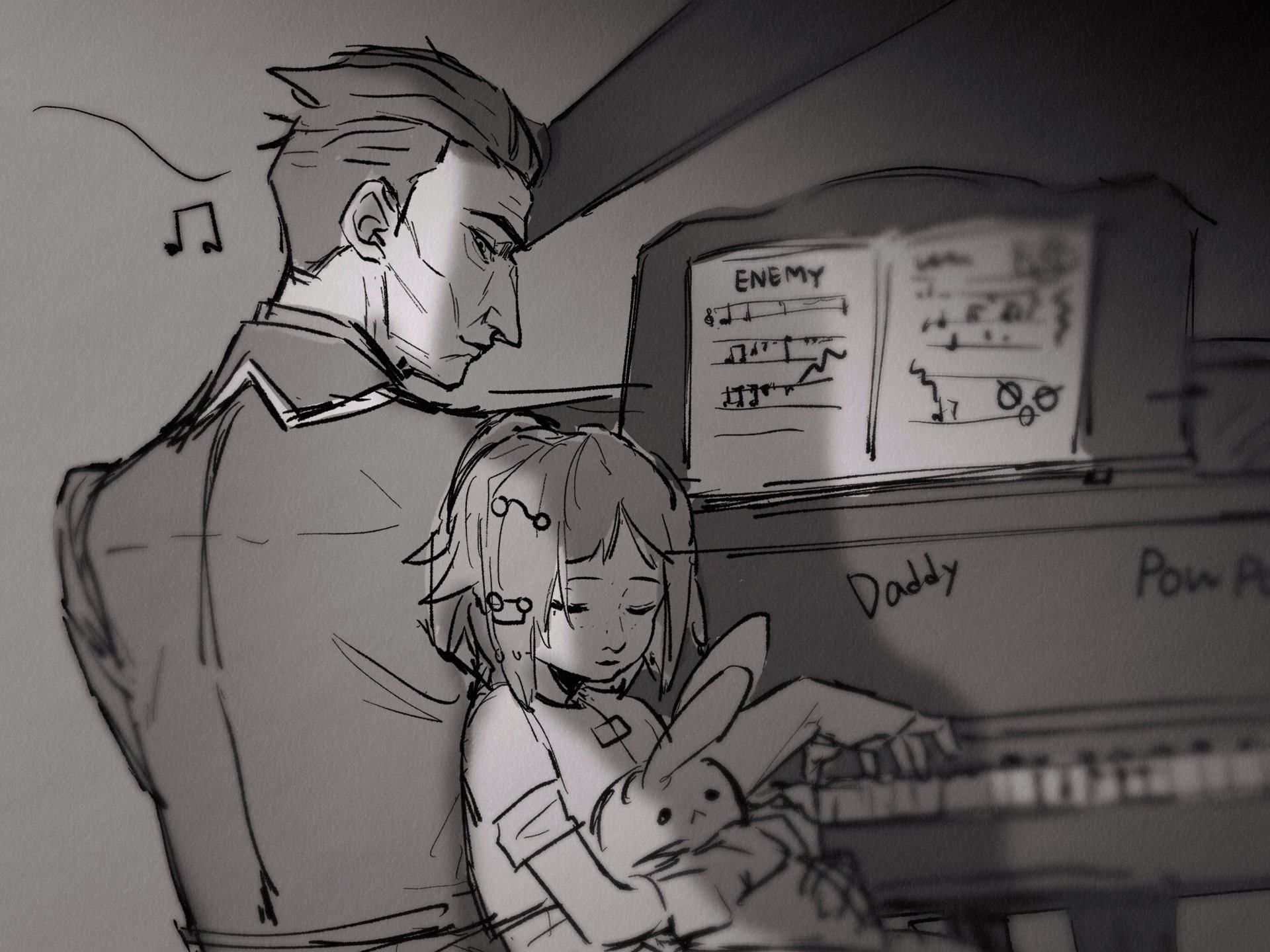 Black-and-white sketch from Arcane TV show featuring Silco playing piano while young Jinx holds a stuffed bunny, captured as an HD League of Legends desktop wallpaper.