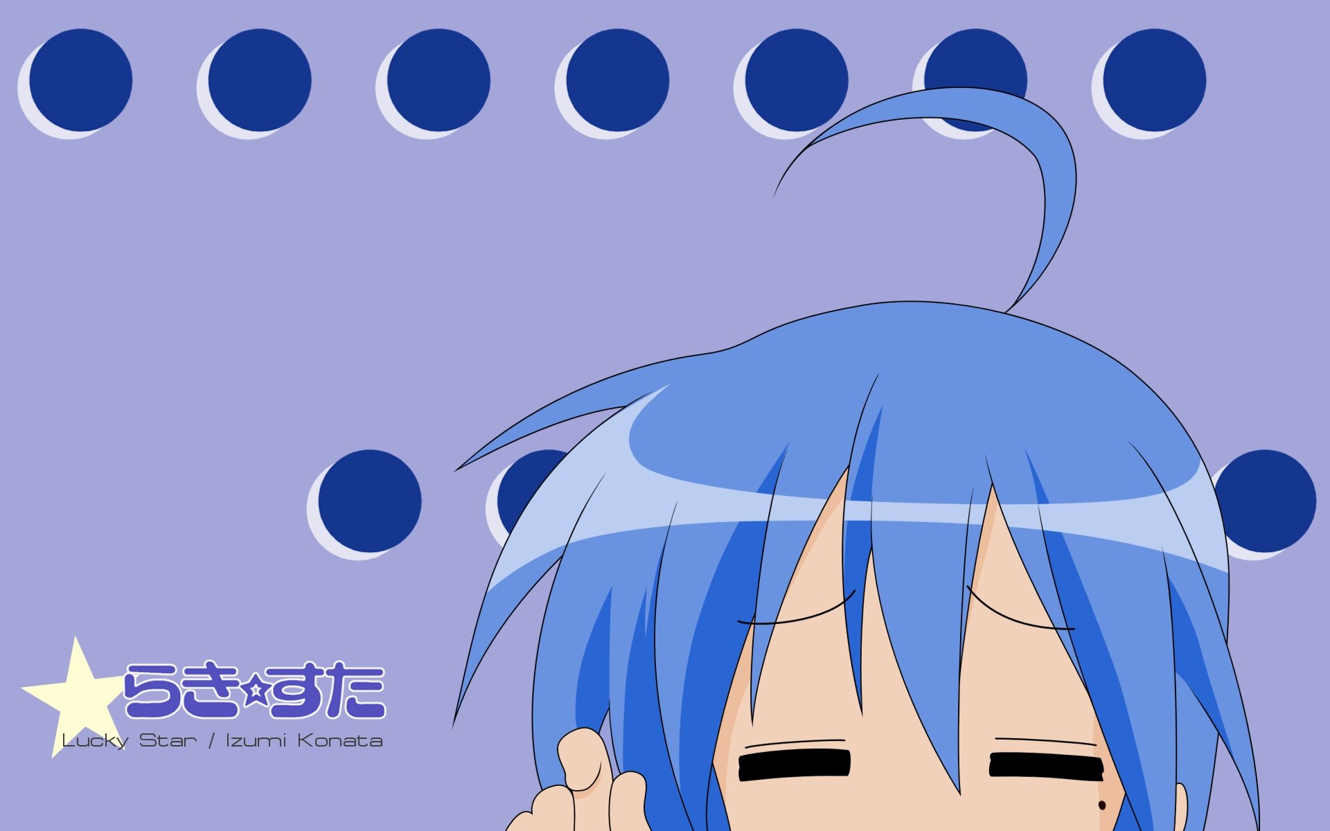 Konata Izumi (Lucky Star) close-up with blue hair and ahoge against a purple polka-dot background — HD PC desktop wallpaper/background.
