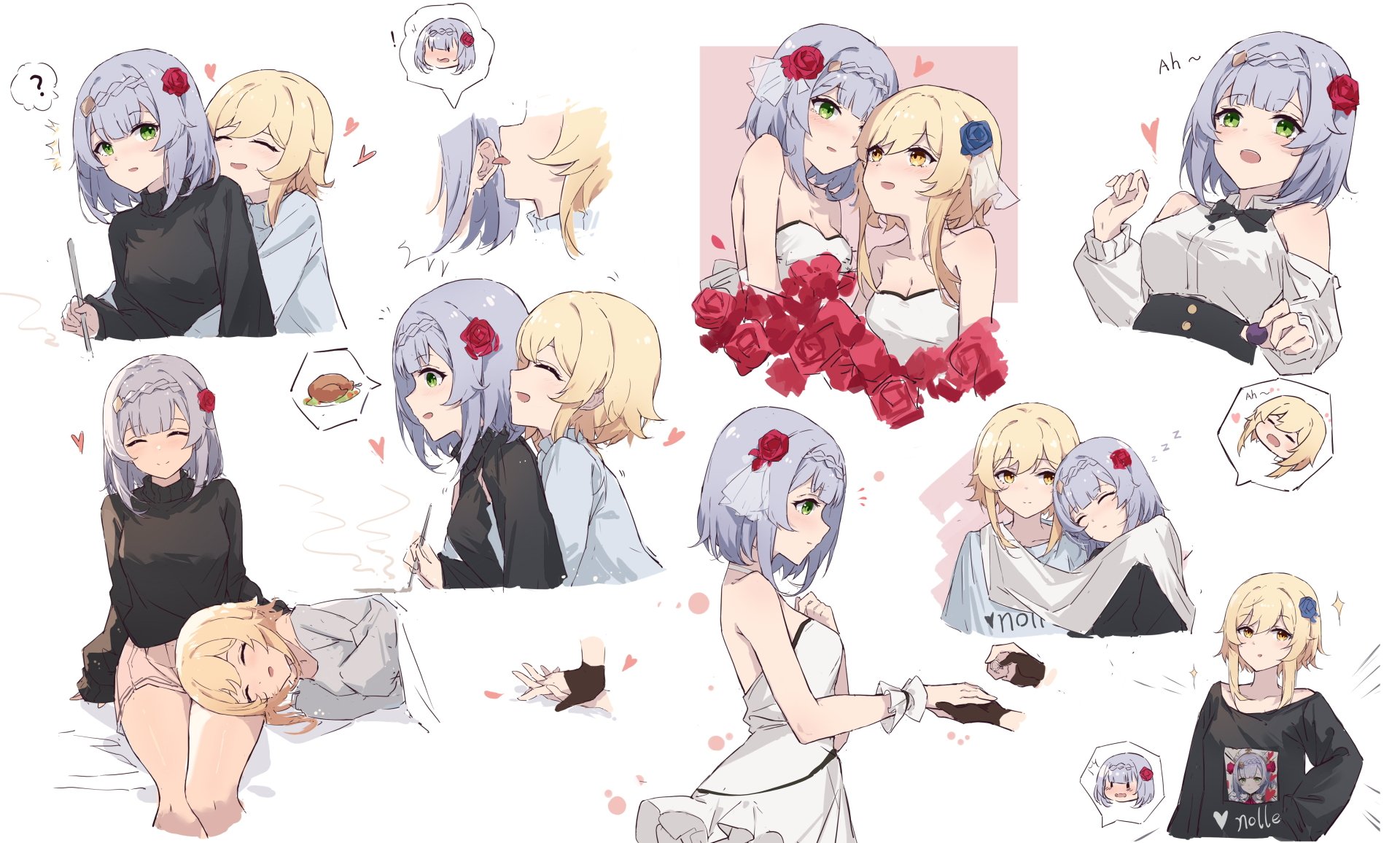 4K Ultra HD Genshin Impact wallpaper featuring fan art of Lumine and Noelle in various poses and outfits, capturing playful and tender moments from the game.