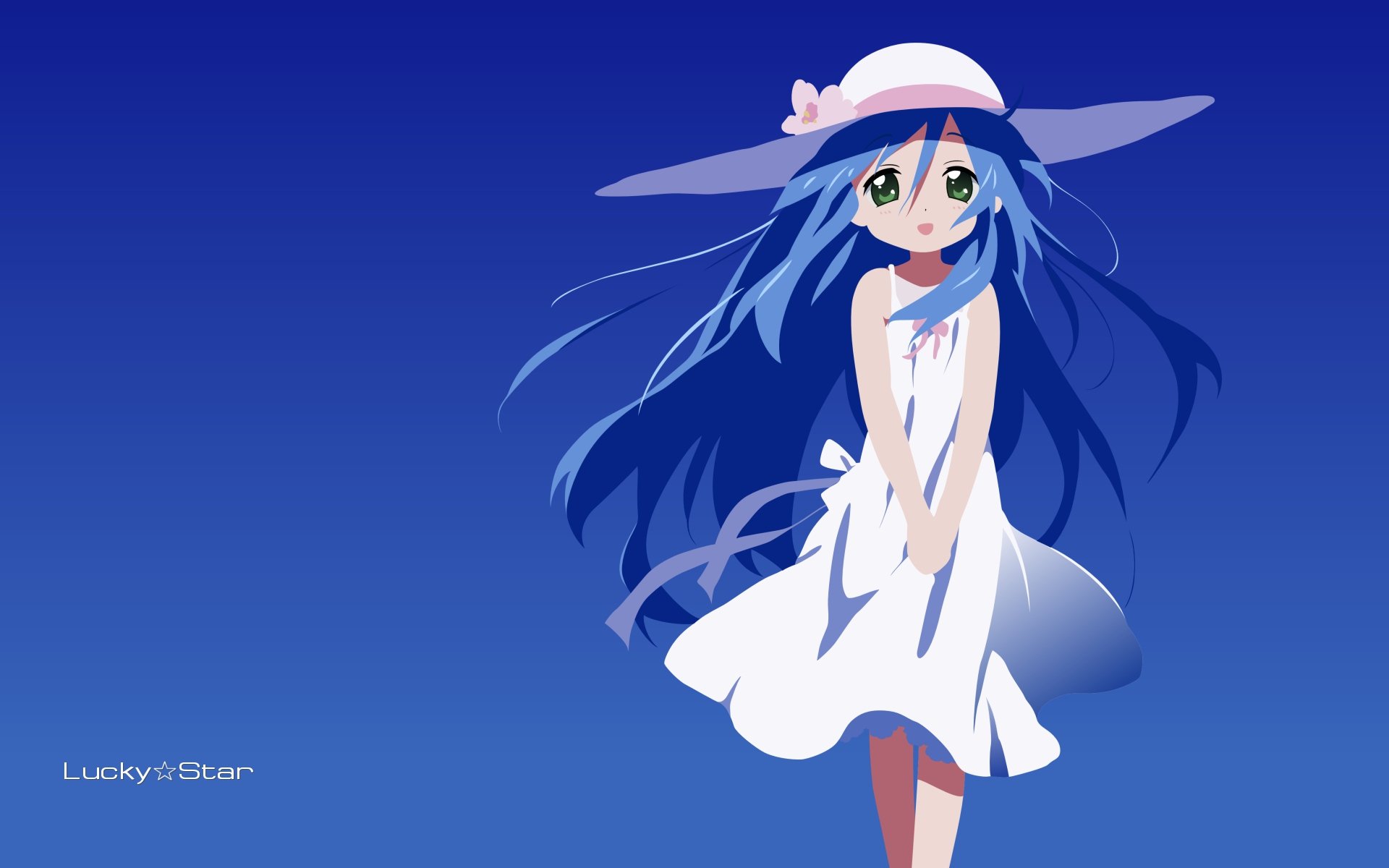 HD PC desktop wallpaper showing Kanata Izumi from Lucky Star in a white sundress and wide-brimmed hat, long blue hair blowing against a deep blue gradient sky.