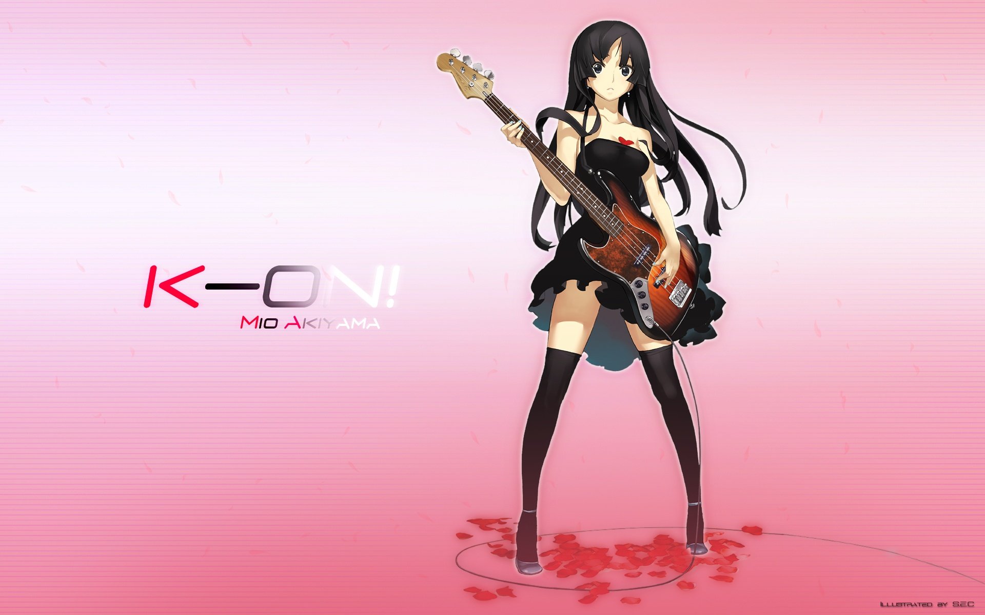 HD anime desktop wallpaper featuring a character from K-ON! holding a bass guitar against a pink gradient background.
