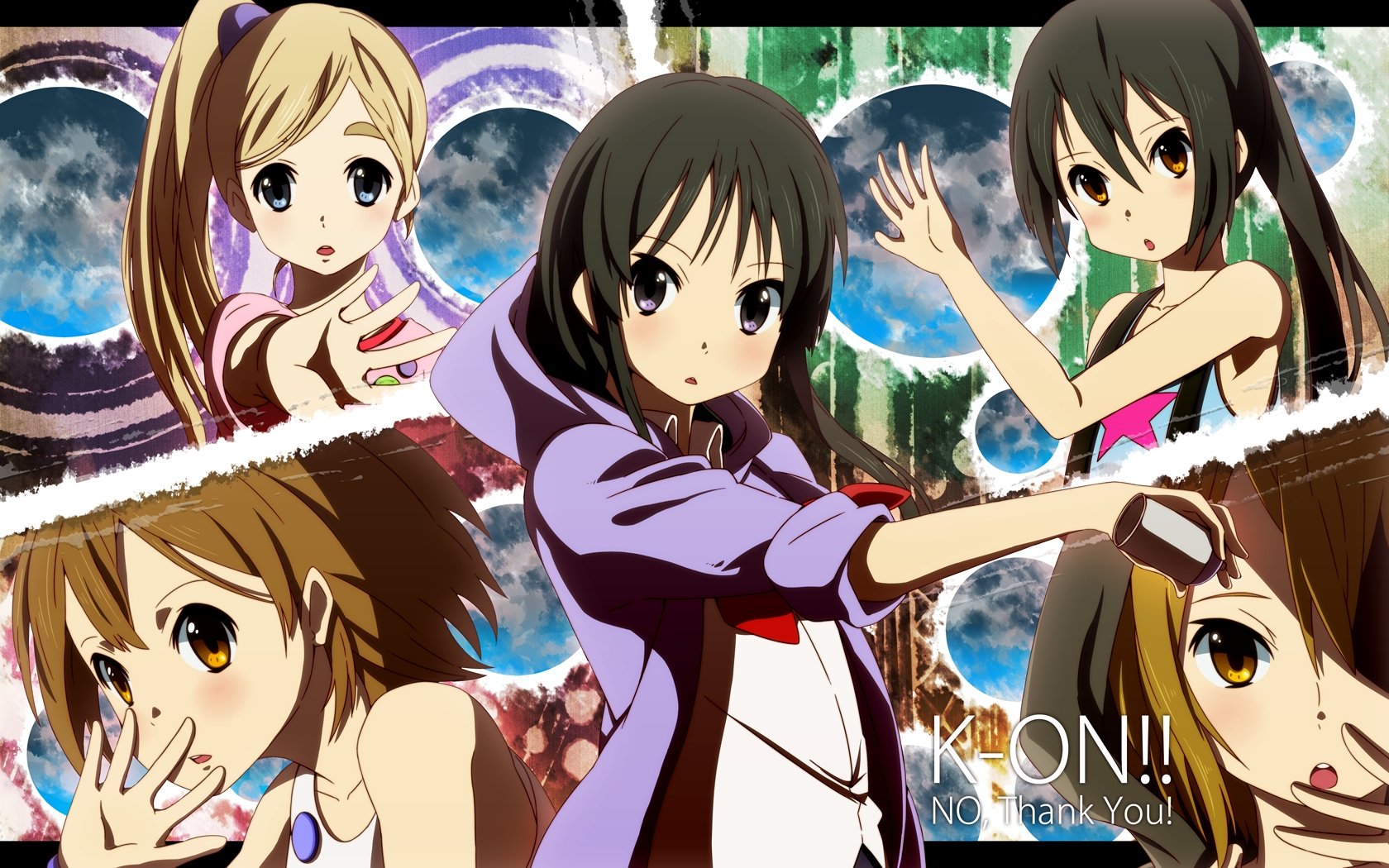 HD anime wallpaper featuring five female characters from K-ON! in vibrant colors and dynamic poses on a PC desktop background.