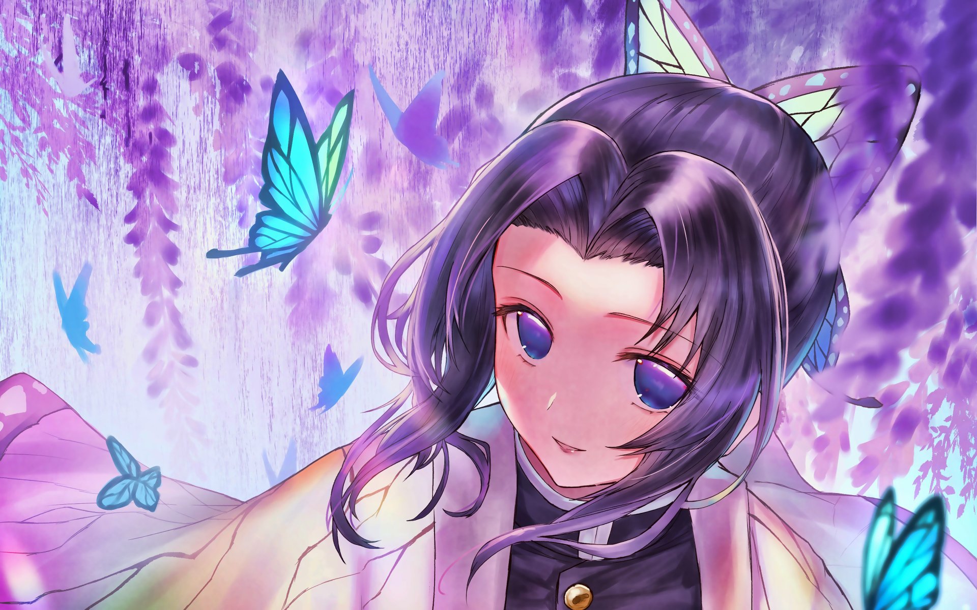 Shinobu Kocho from Demon Slayer: Kimetsu no Yaiba depicted in vibrant anime style amidst purple wisteria and blue butterflies, 4K Ultra HD desktop wallpaper.