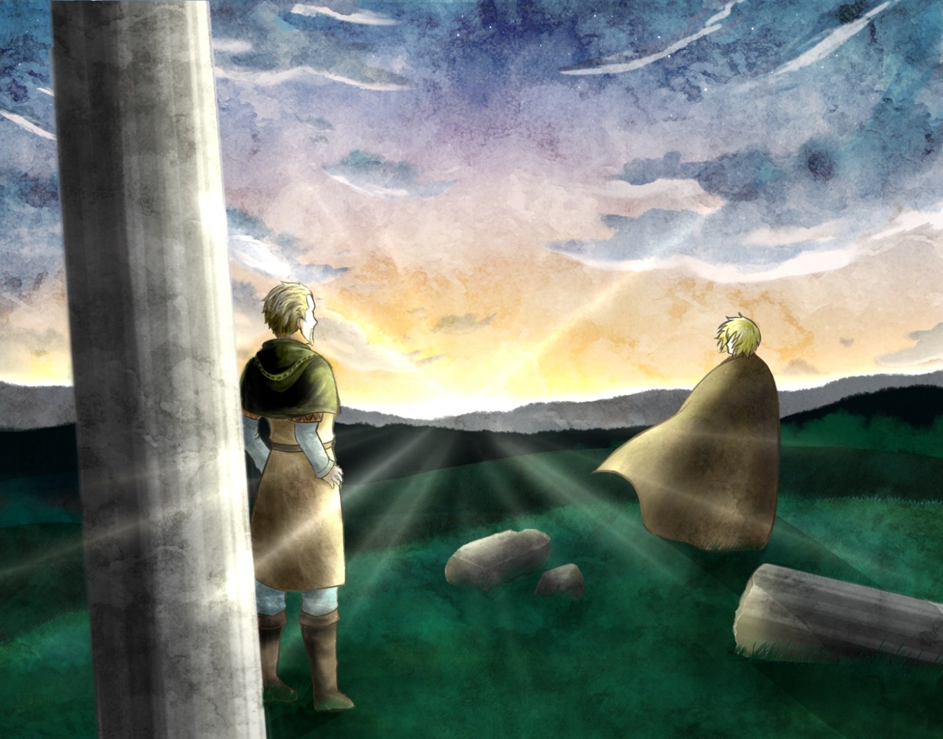 Anime HD PC wallpaper: Askeladd and Thorfinn from Vinland Saga stand on a grassy ridge at sunrise, cloaks billowing as light breaks over misty hills beneath a pastel sky.