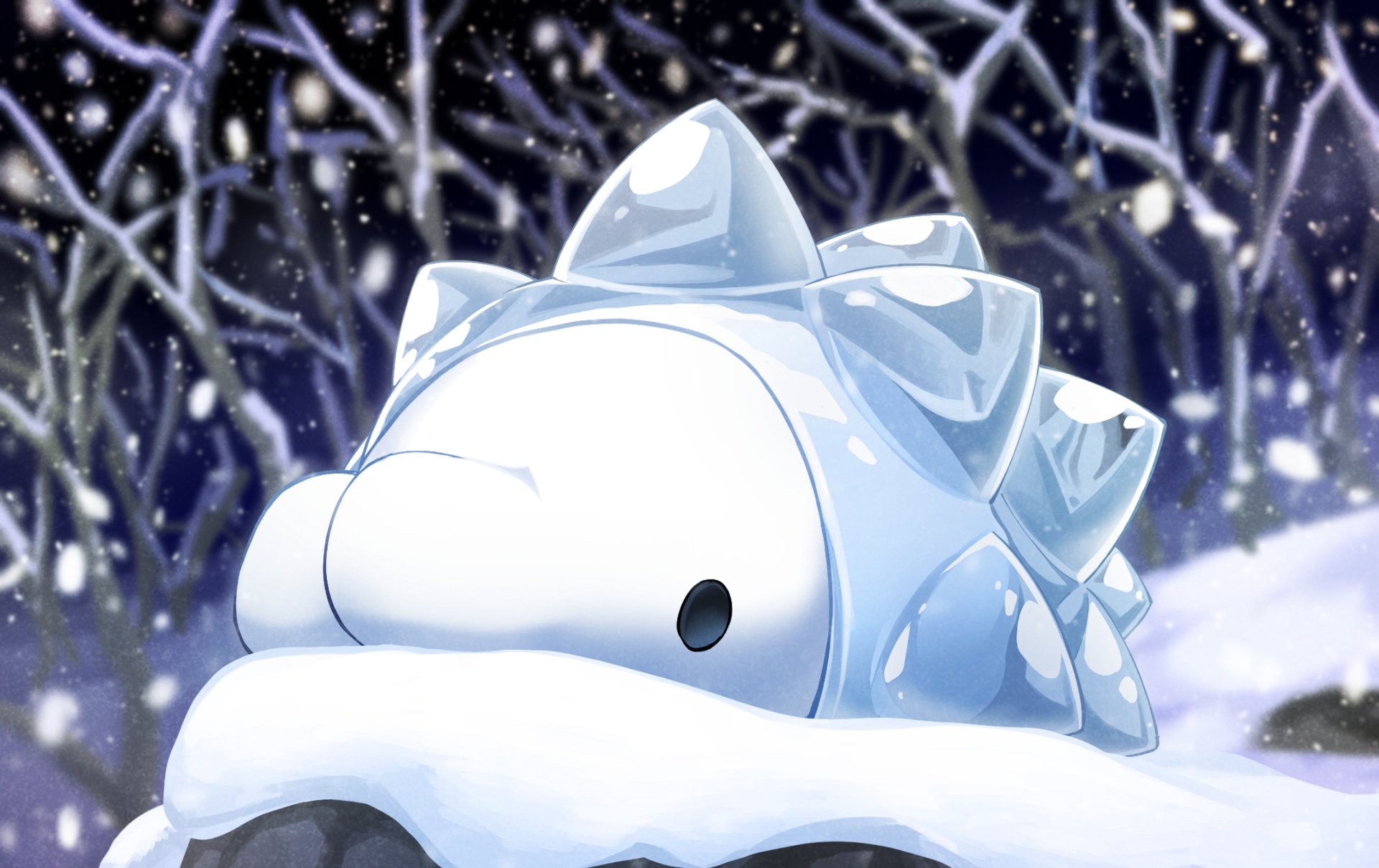 HD PC desktop wallpaper featuring Snom from Pokémon Sword and Shield in a snowy anime-style forest scene.