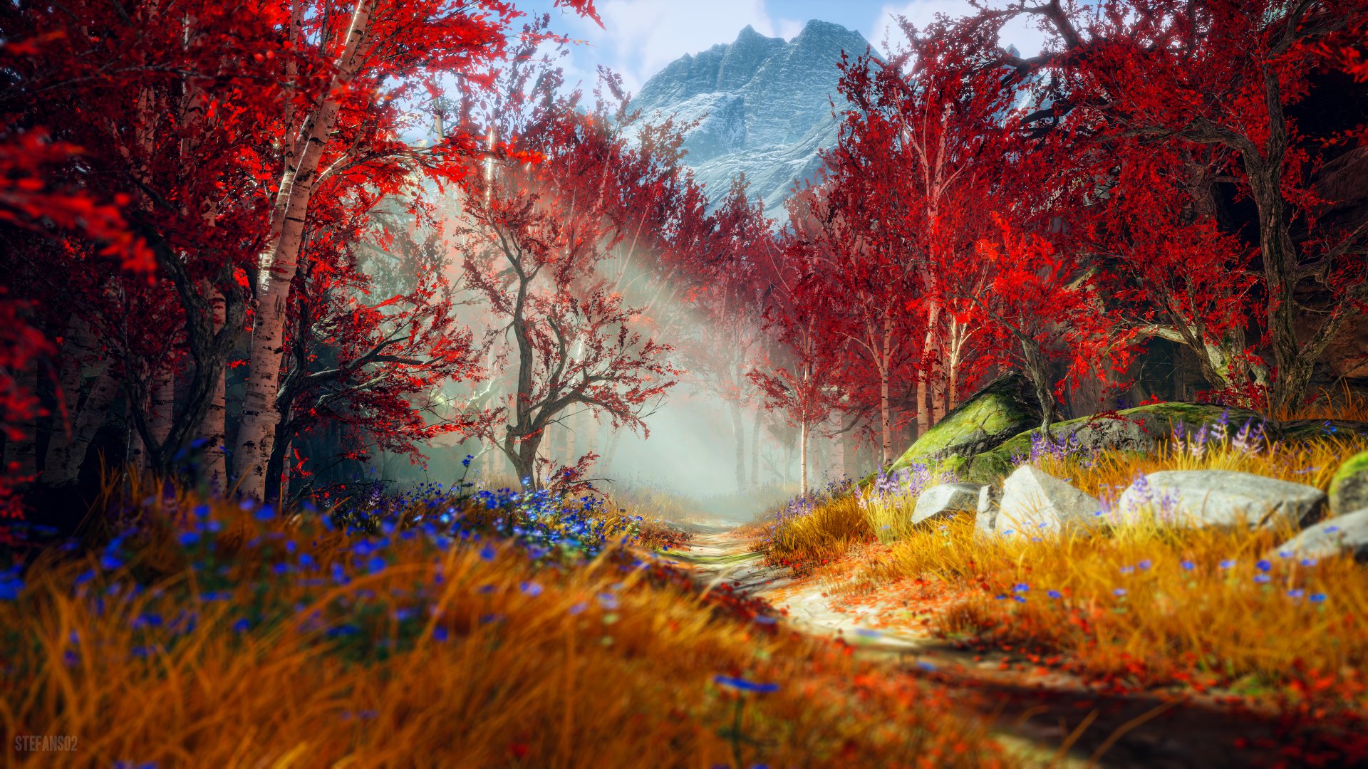 A vibrant 4K Ultra HD PC desktop wallpaper featuring a scenic autumn forest path from the God of War (2018) video game, with red leaves and sunlight filtering through trees.