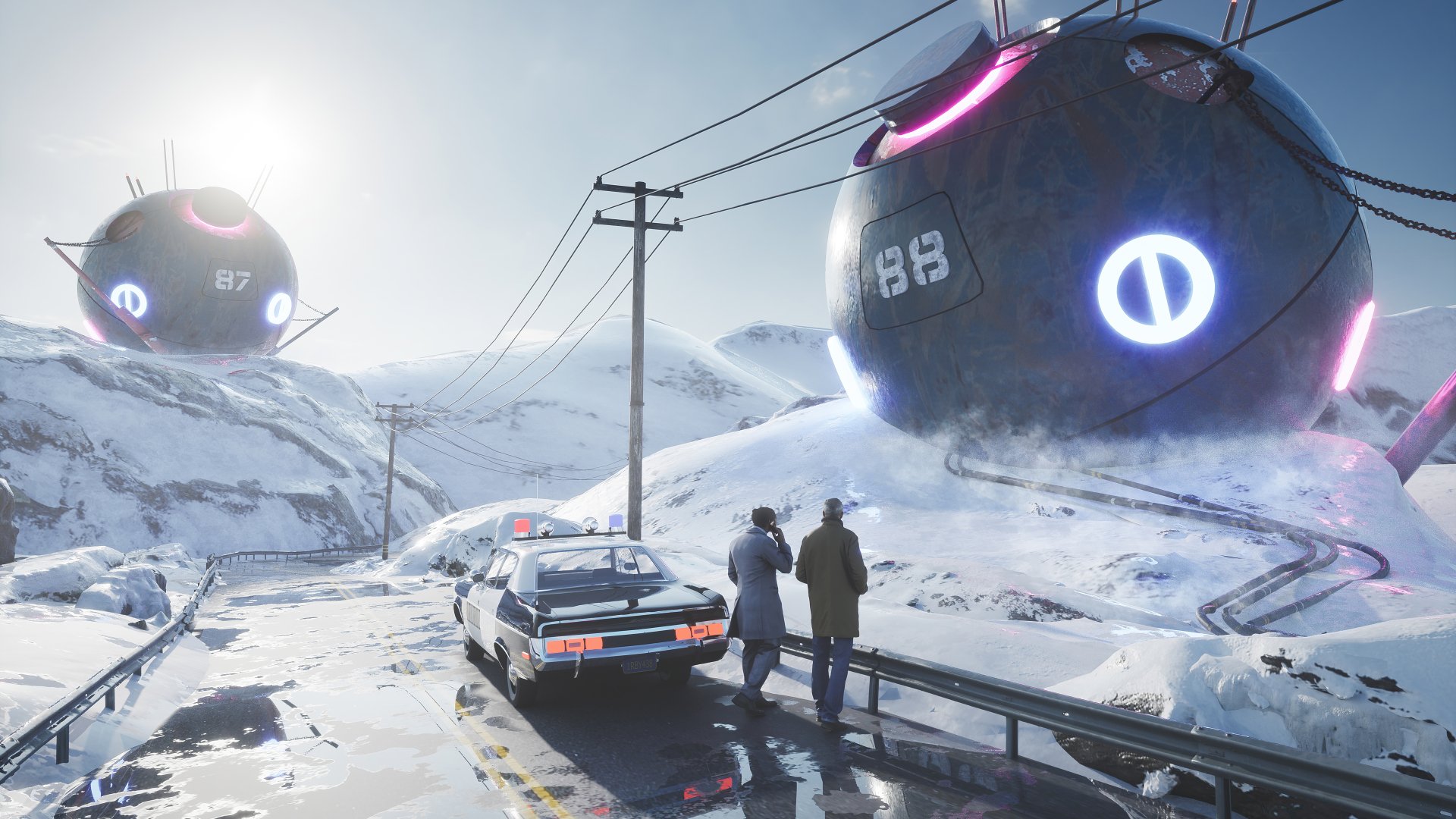 4K Ultra HD PC desktop wallpaper and background — futuristic Sci Fi scene: snowbound road with glowing hovering spherical structures, a stopped police cruiser and two figures beneath power lines.