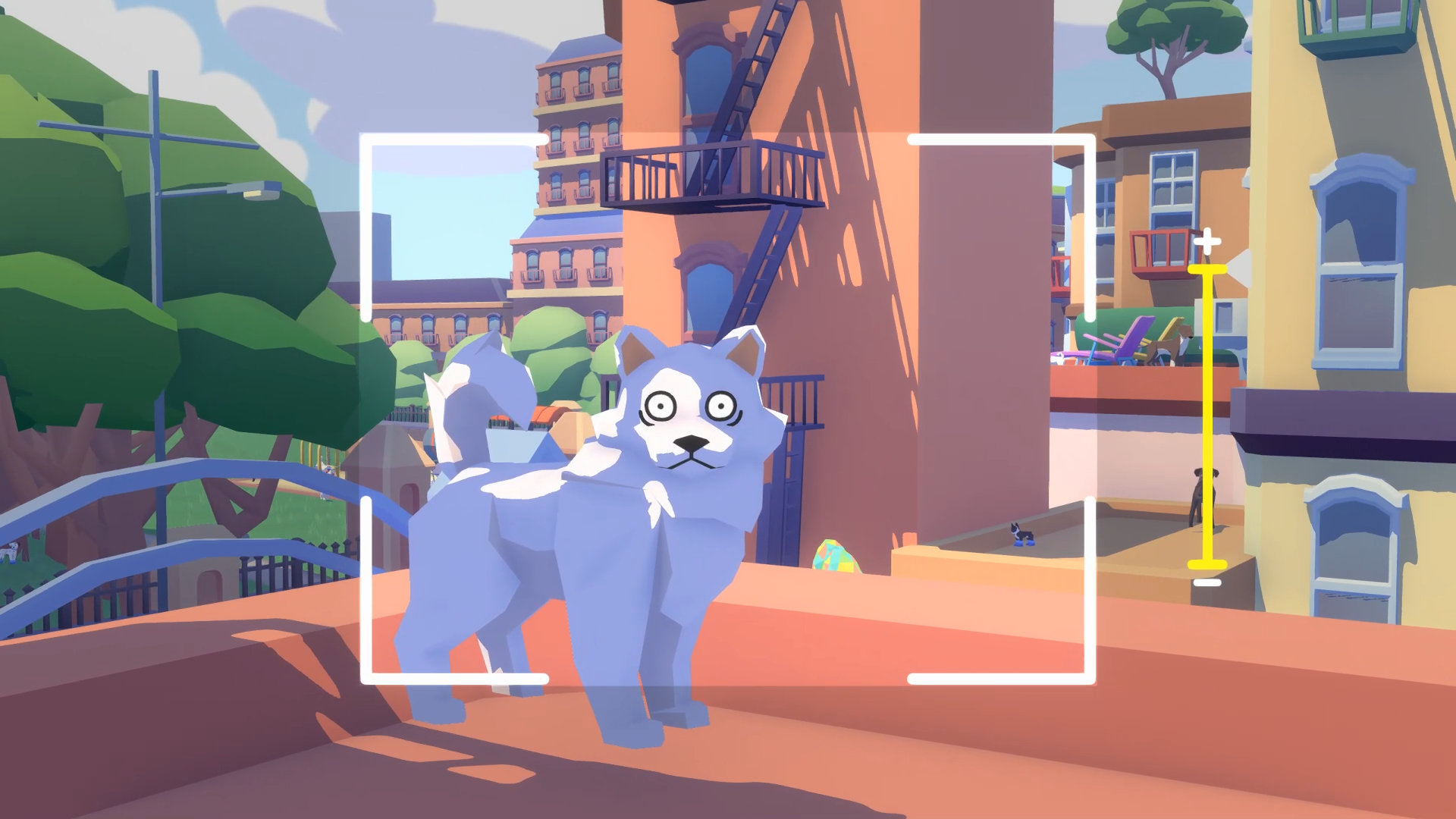 HD desktop wallpaper featuring a cute cartoon dog from Pupperazzi game in a colorful urban setting.