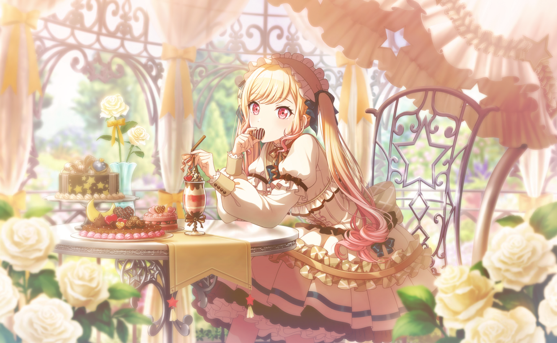 HD PC desktop wallpaper featuring Tenma Saki from the video game Project Sekai: Colorful Stage! feat. Hatsune Miku, set in a bright, floral outdoor café scene.