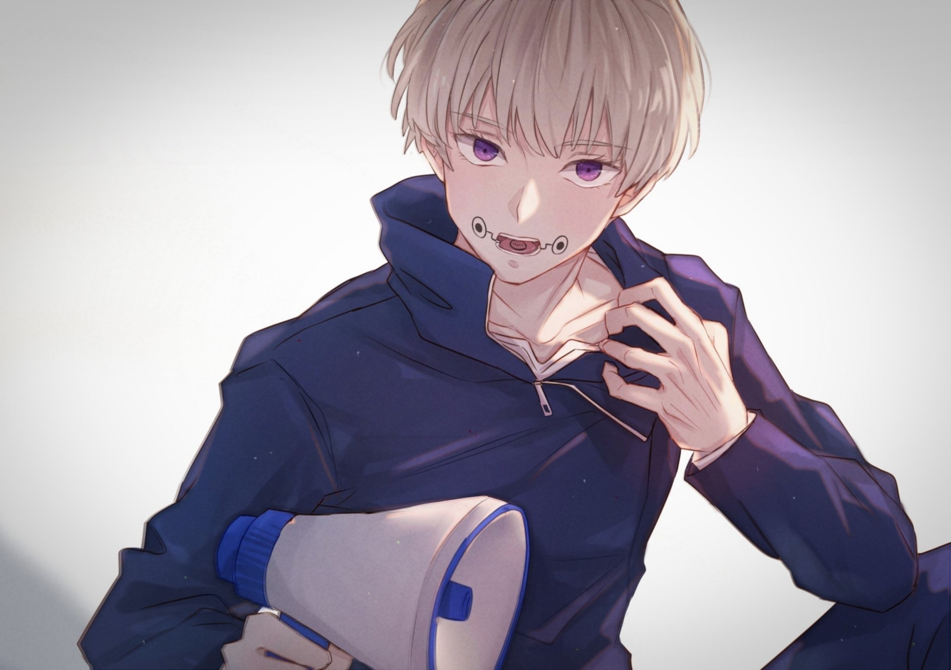 Toge Inumaki (Jujutsu Kaisen) anime HD PC desktop wallpaper — dark hoodie, purple eyes, mouth-sealed collar, holding a megaphone with one hand near his face.
