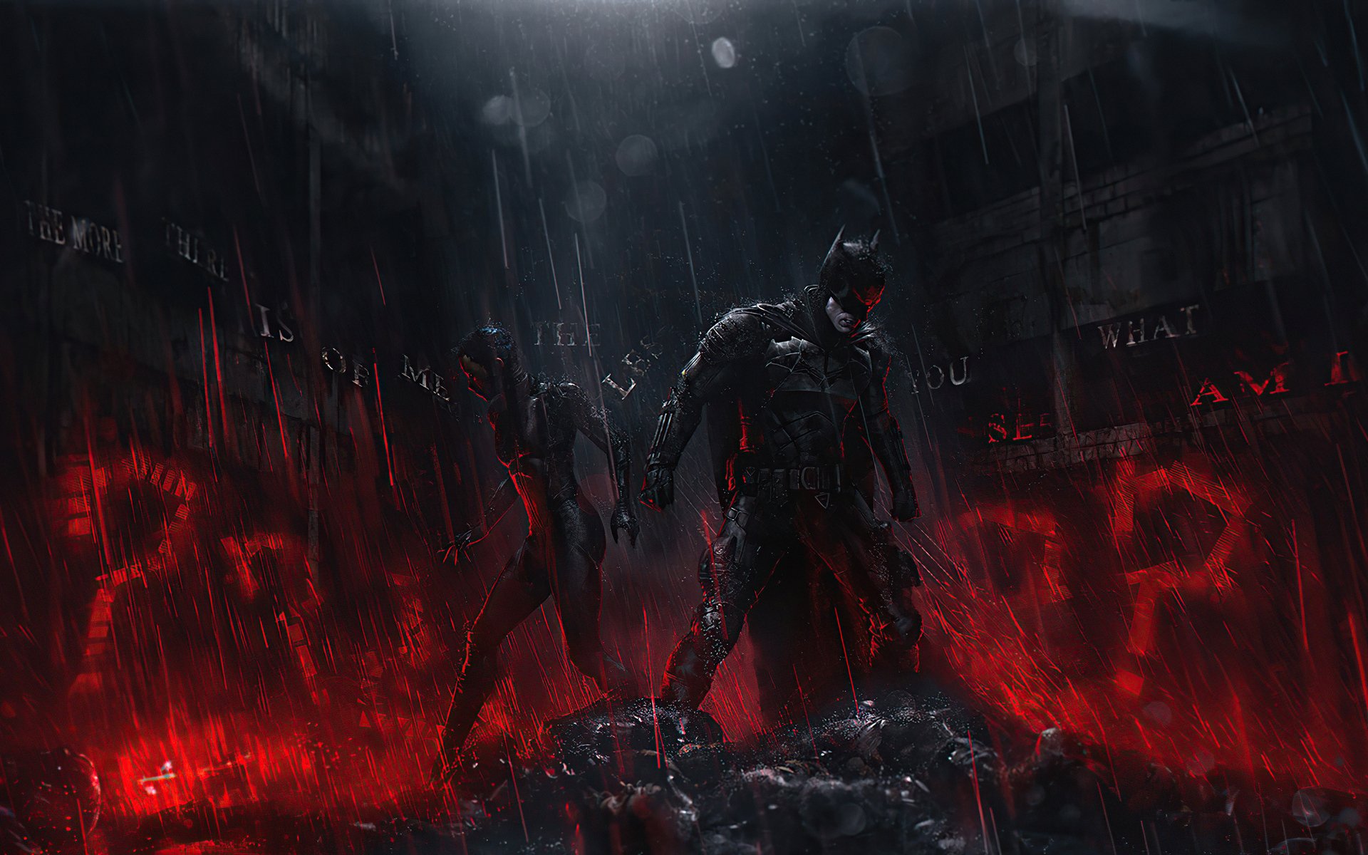 HD desktop wallpaper featuring Batman and Catwoman from the DC Comics movie The Batman. They stand in the rain, surrounded by a dark, ominous urban setting illuminated with red accents.
