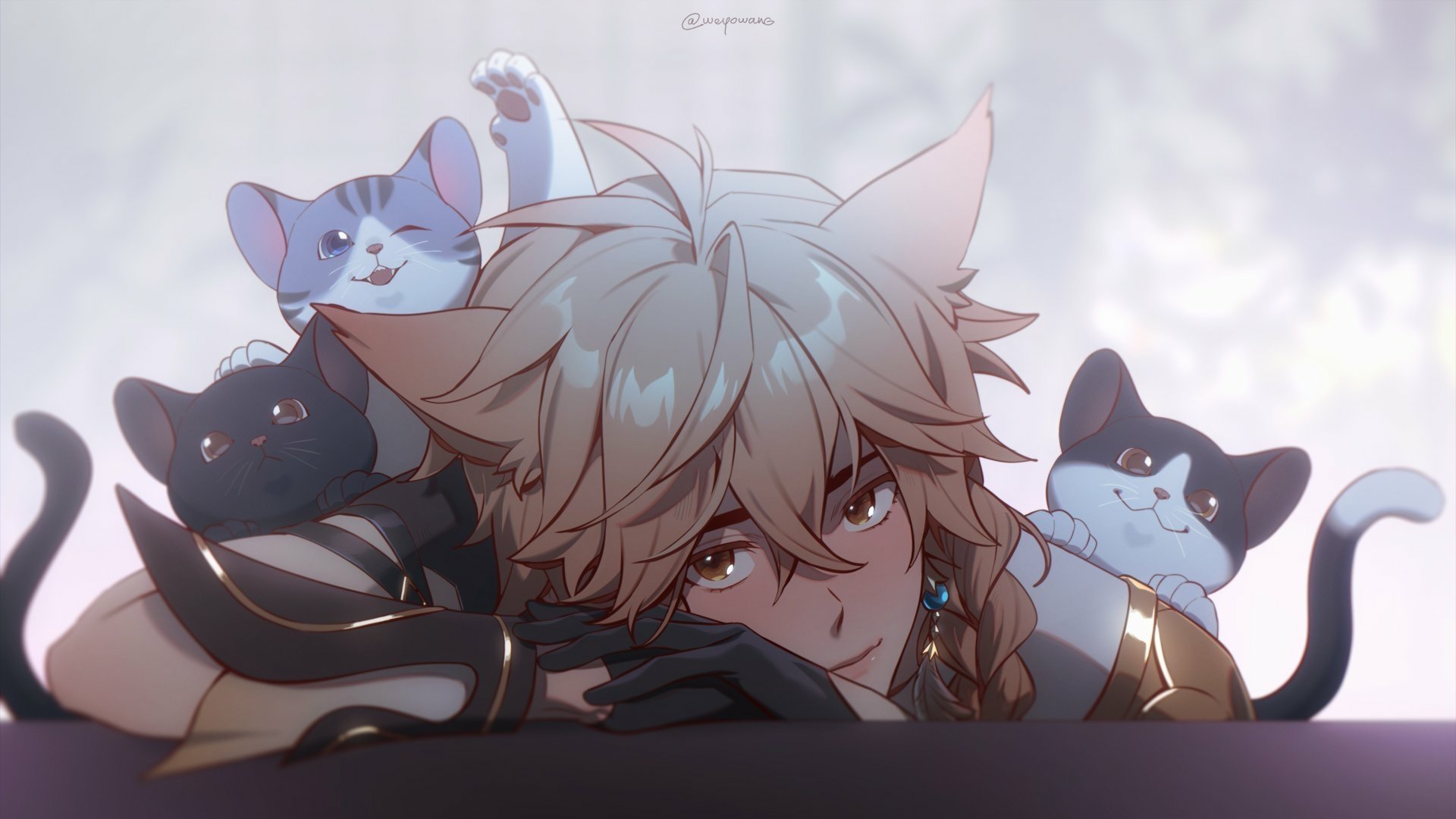 HD PC desktop wallpaper featuring Aether from Genshin Impact surrounded by playful cats, blending video game art with a soft, cozy atmosphere.