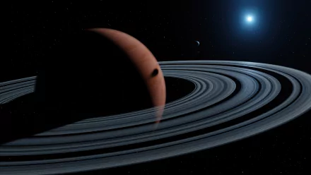 4K Ultra HD sci-fi desktop wallpaper featuring a detailed planet with expansive planetary rings under a distant bright star in deep space.