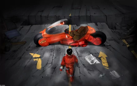 A striking HD desktop wallpaper featuring a character in a red jumpsuit standing before a futuristic orange motorcycle, inspired by the anime Akira.