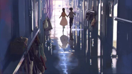 A serene HD wallpaper from 5 Centimeters per Second, featuring Akari Shinohara and Takaki Touno walking hand in hand through a reflective school hallway.