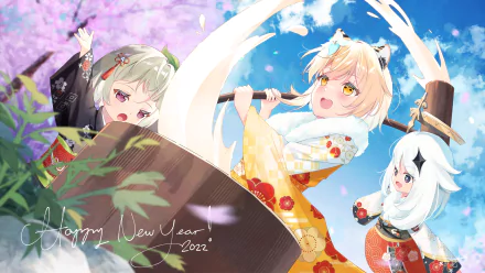 4K Ultra HD PC desktop wallpaper: Lumine, Sayu and Paimon in festive kimonos pounding a giant wooden mallet under cherry blossoms, celebrating New Year with Happy New Year 2022 text.