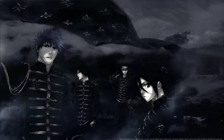 A dynamic HD wallpaper featuring characters Renji Abarai, Uryu Ishida, Rukia Kuchiki, and Ichigo Kurosaki from the anime Bleach against a dramatic, dark backdrop.