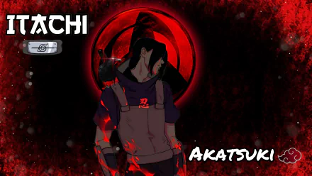 HD PC desktop wallpaper: Itachi Uchiha of the Akatsuki from Naruto, anime-style figure against a red Sharingan moon and dark textured background.