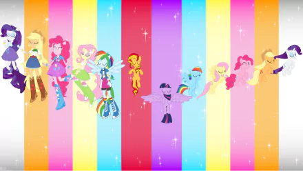 8K My Little Pony: Equestria Girls TV-show desktop wallpaper — rainbow-striped background with Twilight Sparkle, Rainbow Dash, Pinkie Pie, Rarity, Applejack, Fluttershy and Sunset Shimmer.