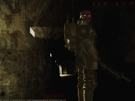 Dark anime HD PC desktop wallpaper from Jin-Roh: The Wolf Brigade showing a helmeted armored soldier with glowing red eyes and rifle in a dim concrete tunnel.